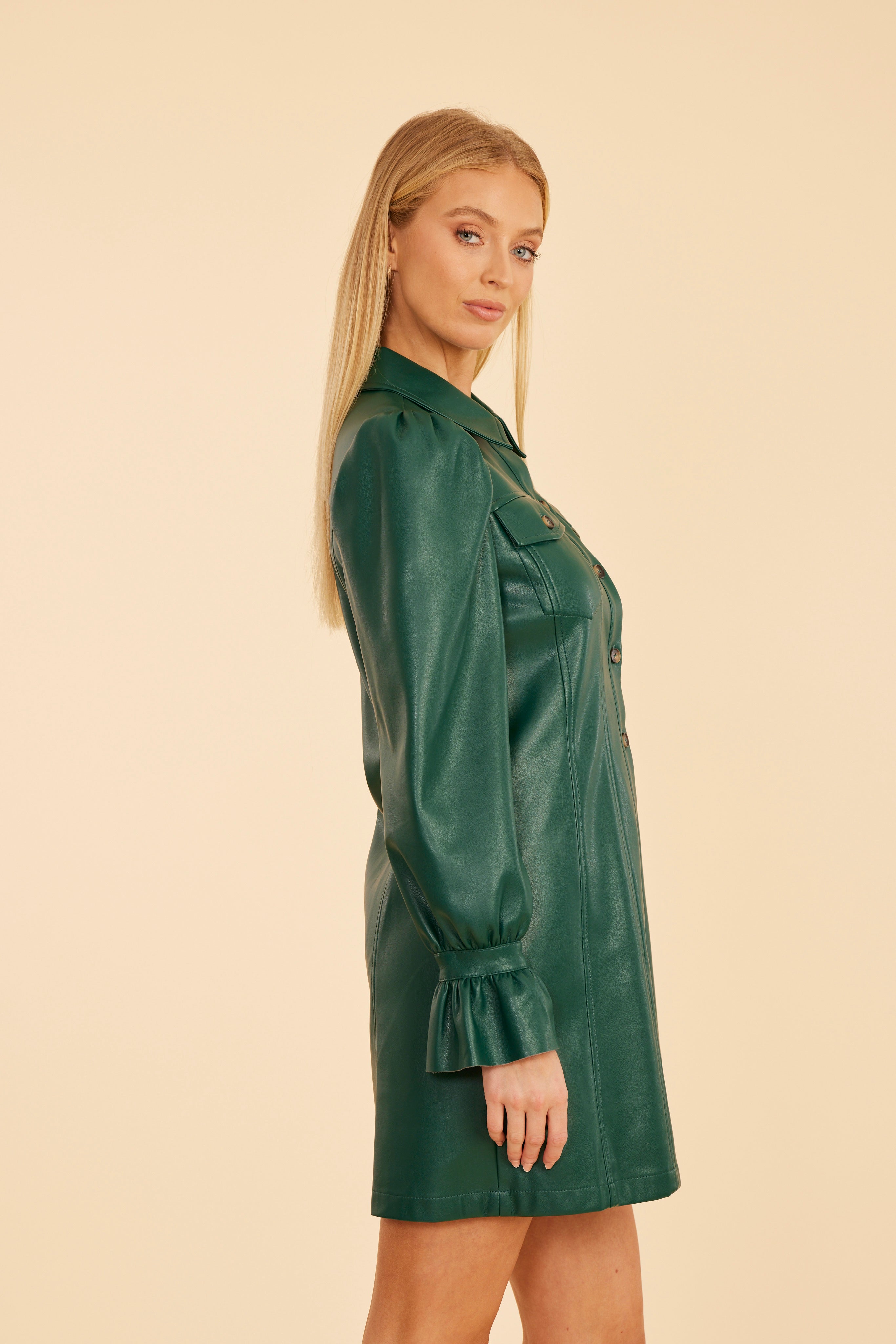Faux Leather Ruffle Cuff Dress