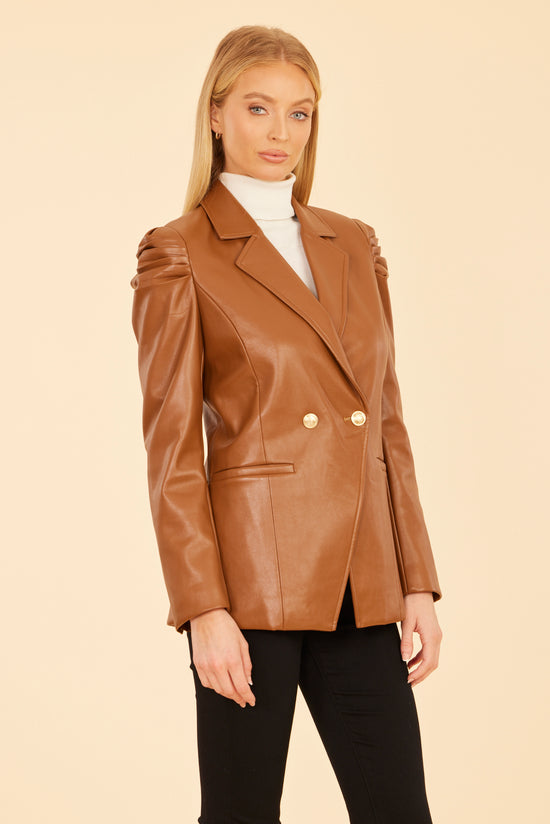 Faux Leather Ruched Shoulder Blazer