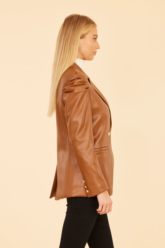 Faux Leather Ruched Shoulder Blazer