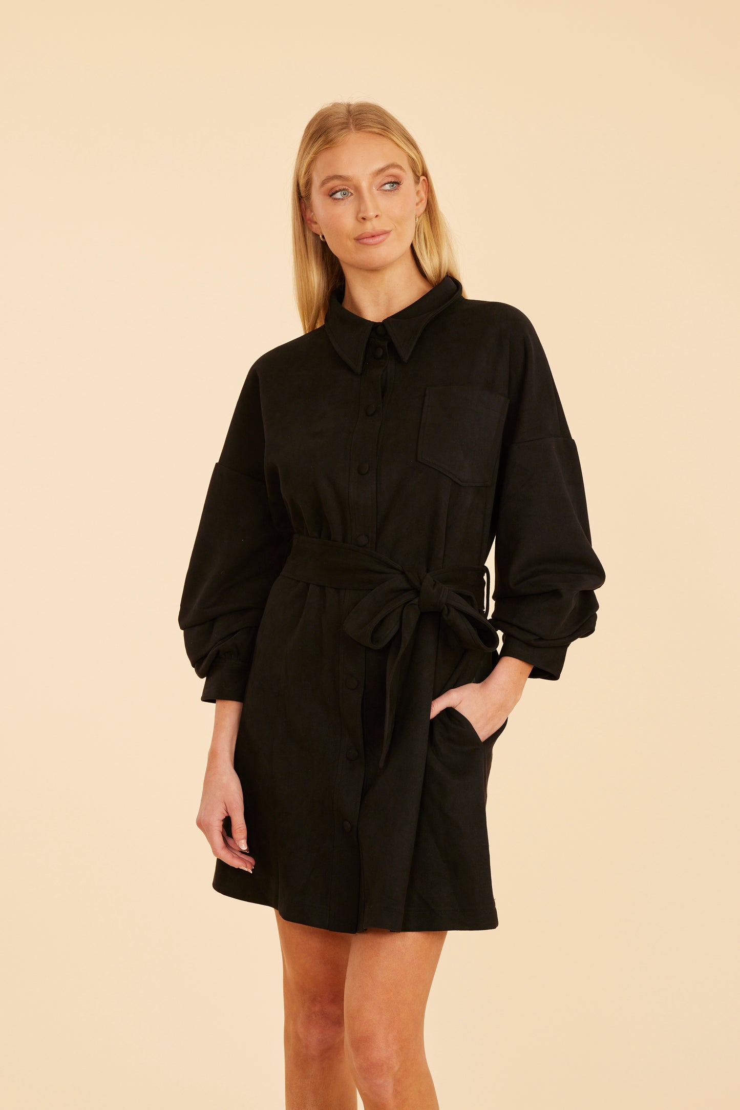 Faux Suede Belted Dress with Ruched Sleeves