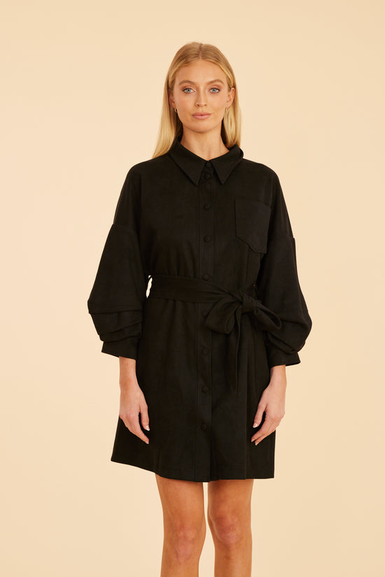 Faux Suede Belted Dress with Ruched Sleeves