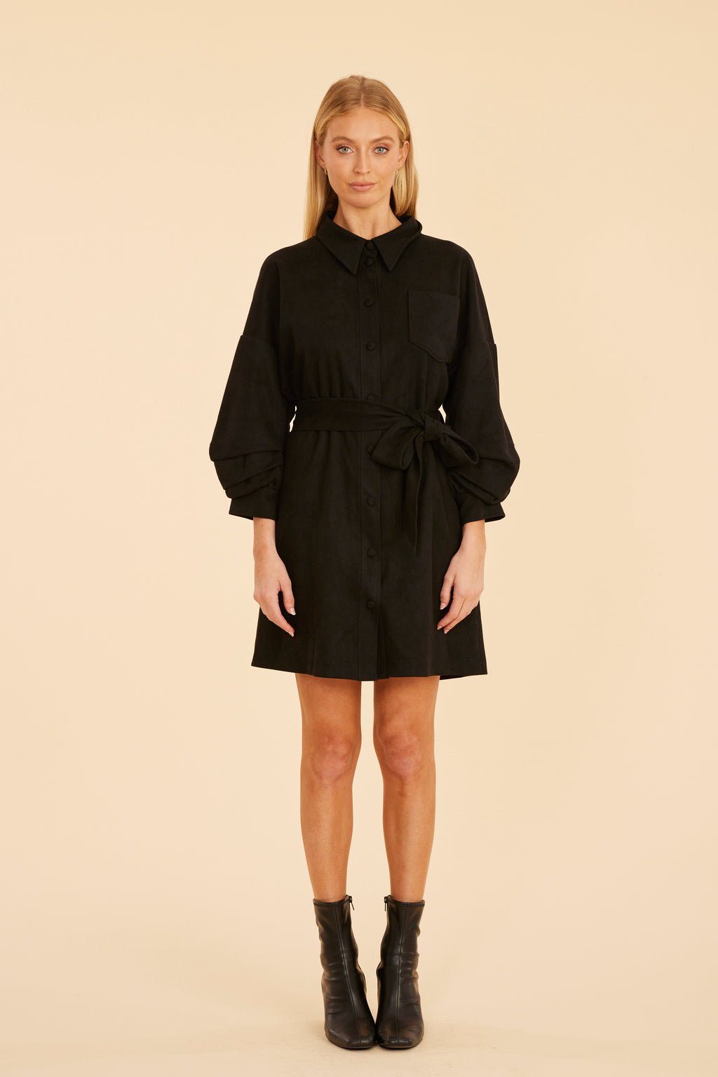 Faux Suede Belted Dress with Ruched Sleeves
