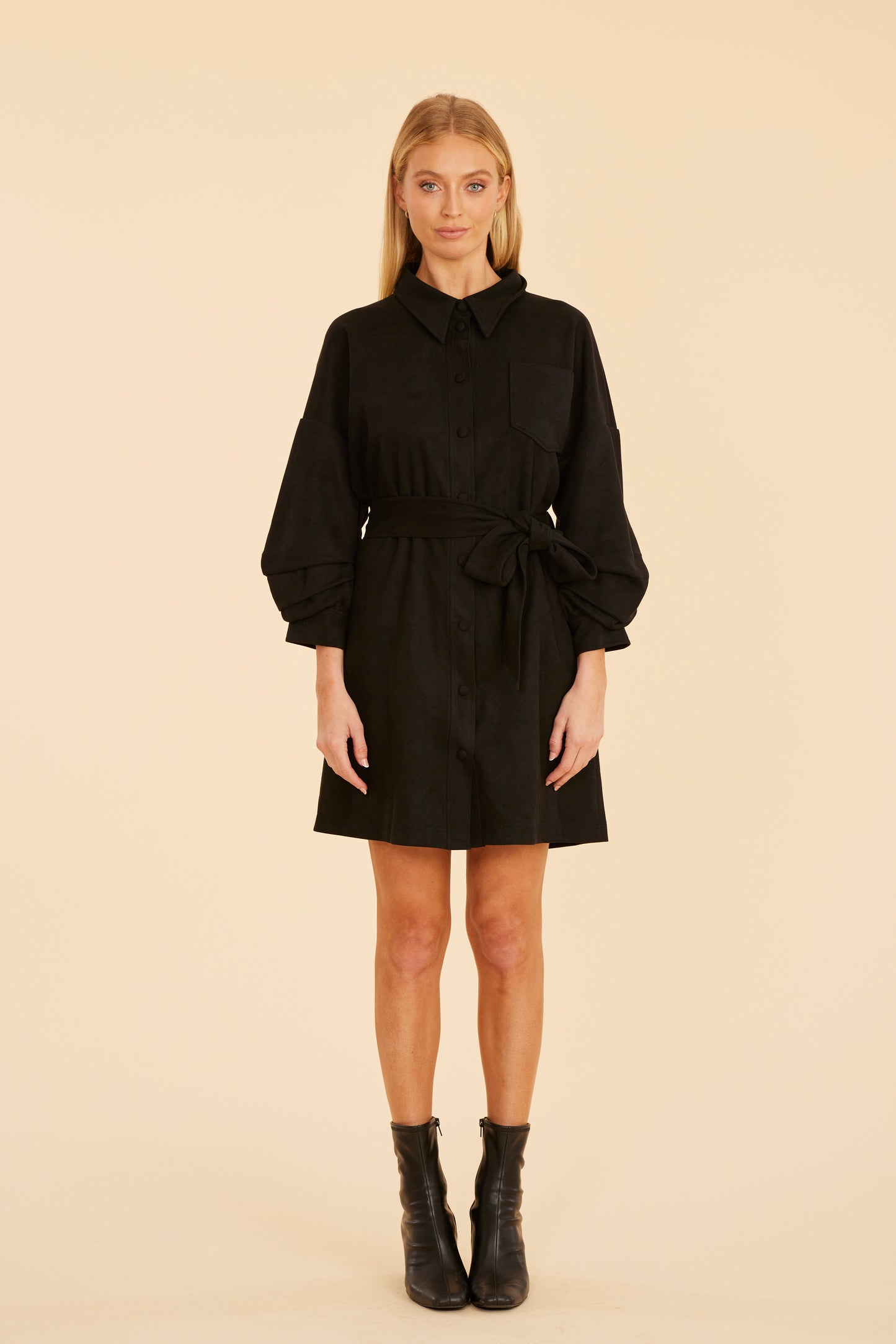 Faux Suede Belted Dress with Ruched Sleeves