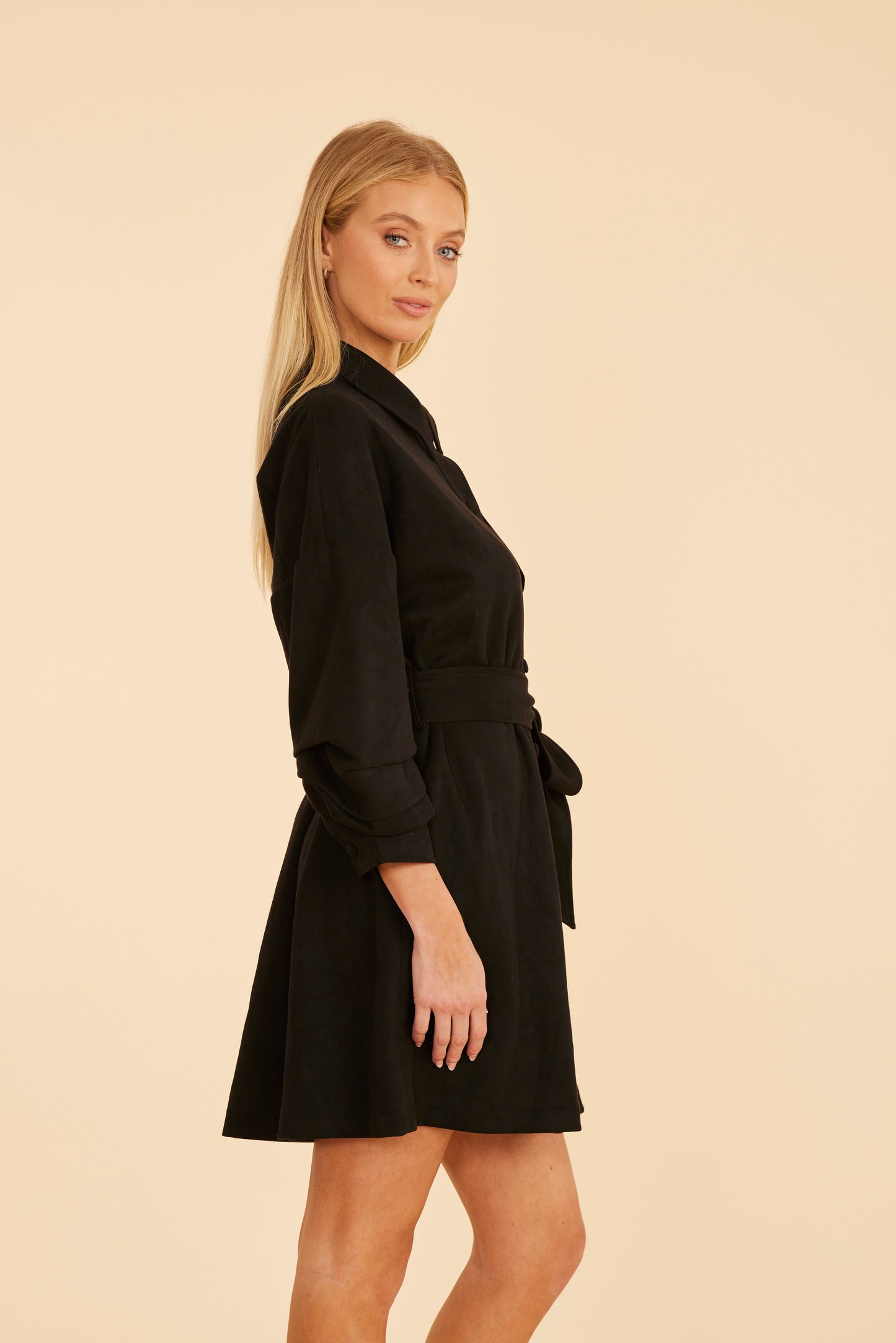 Faux Suede Belted Dress with Ruched Sleeves