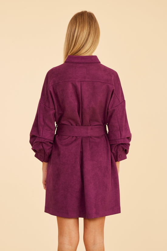 Faux Suede Belted Dress with Ruched Sleeves