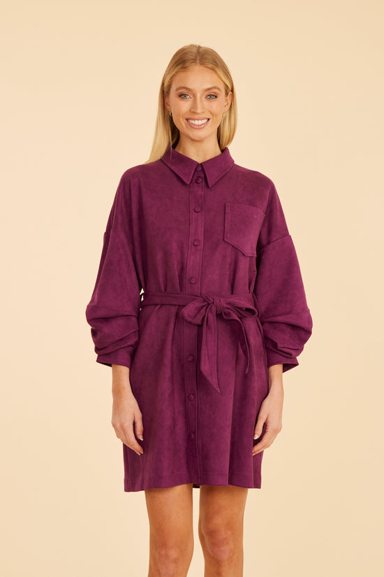 Faux Suede Belted Dress with Ruched Sleeves