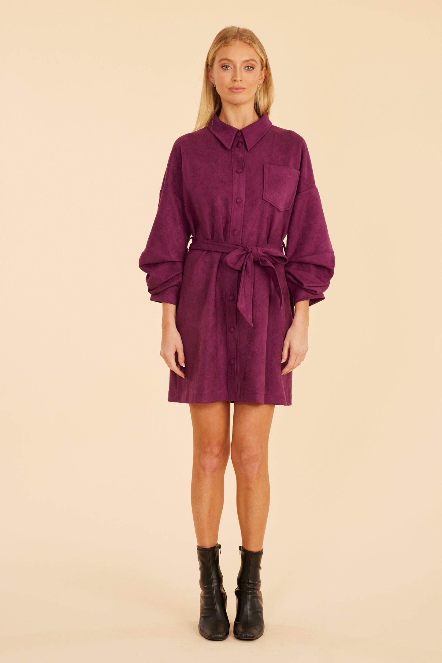 Faux Suede Belted Dress with Ruched Sleeves