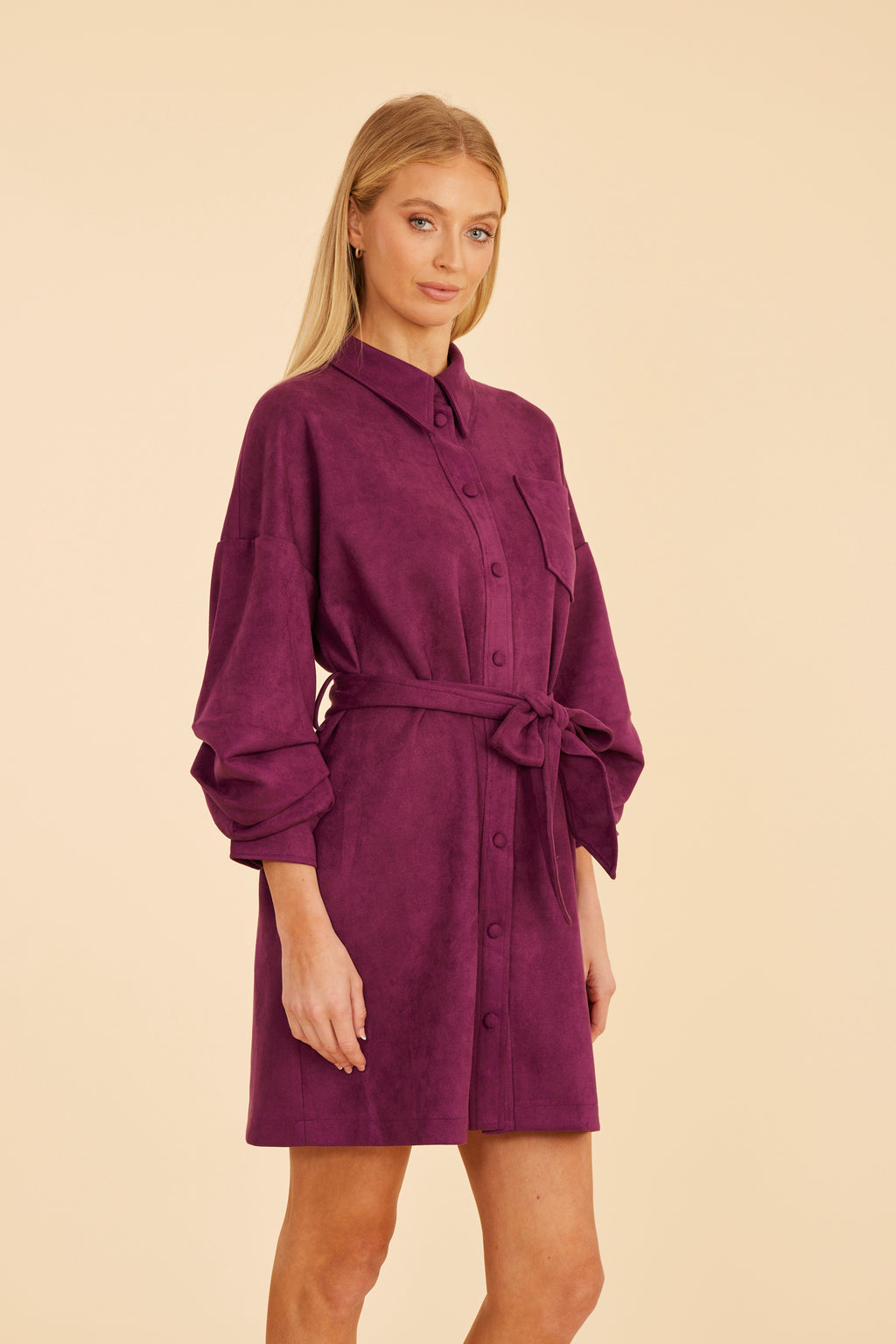 Faux Suede Belted Dress with Ruched Sleeves Black / Xs