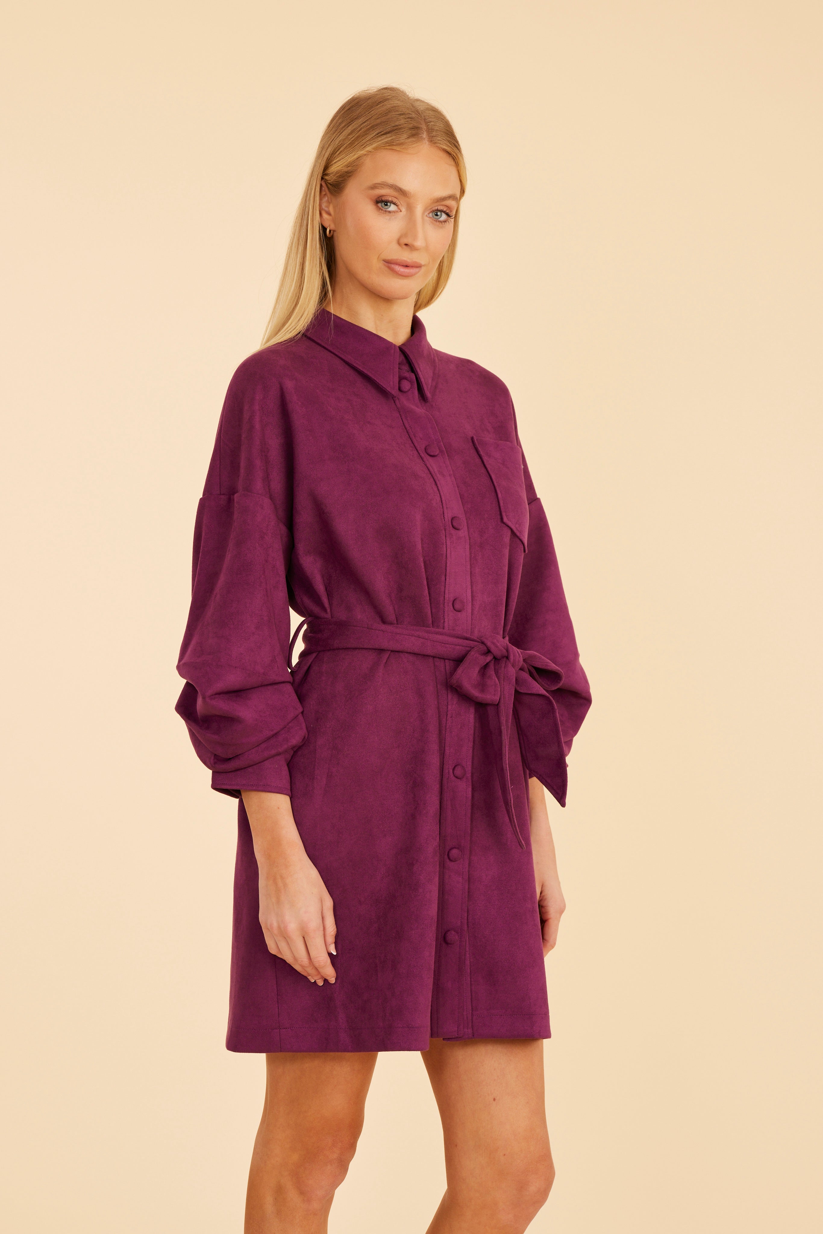 knee length dresses for ladies Faux Suede Belted Dress with Ruched Sleeves Black / Xs