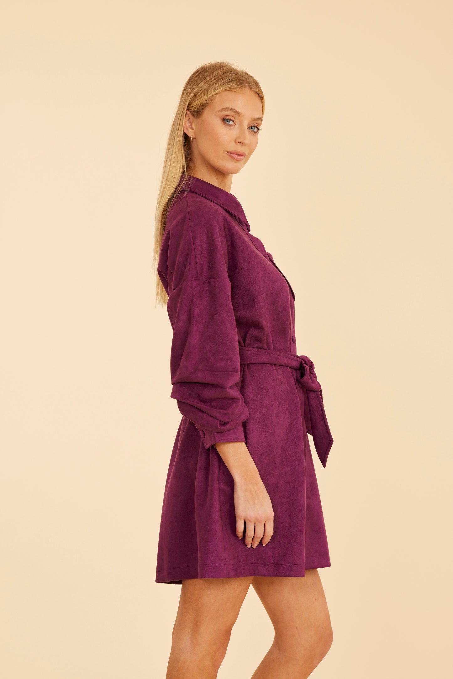 Faux Suede Belted Dress with Ruched Sleeves