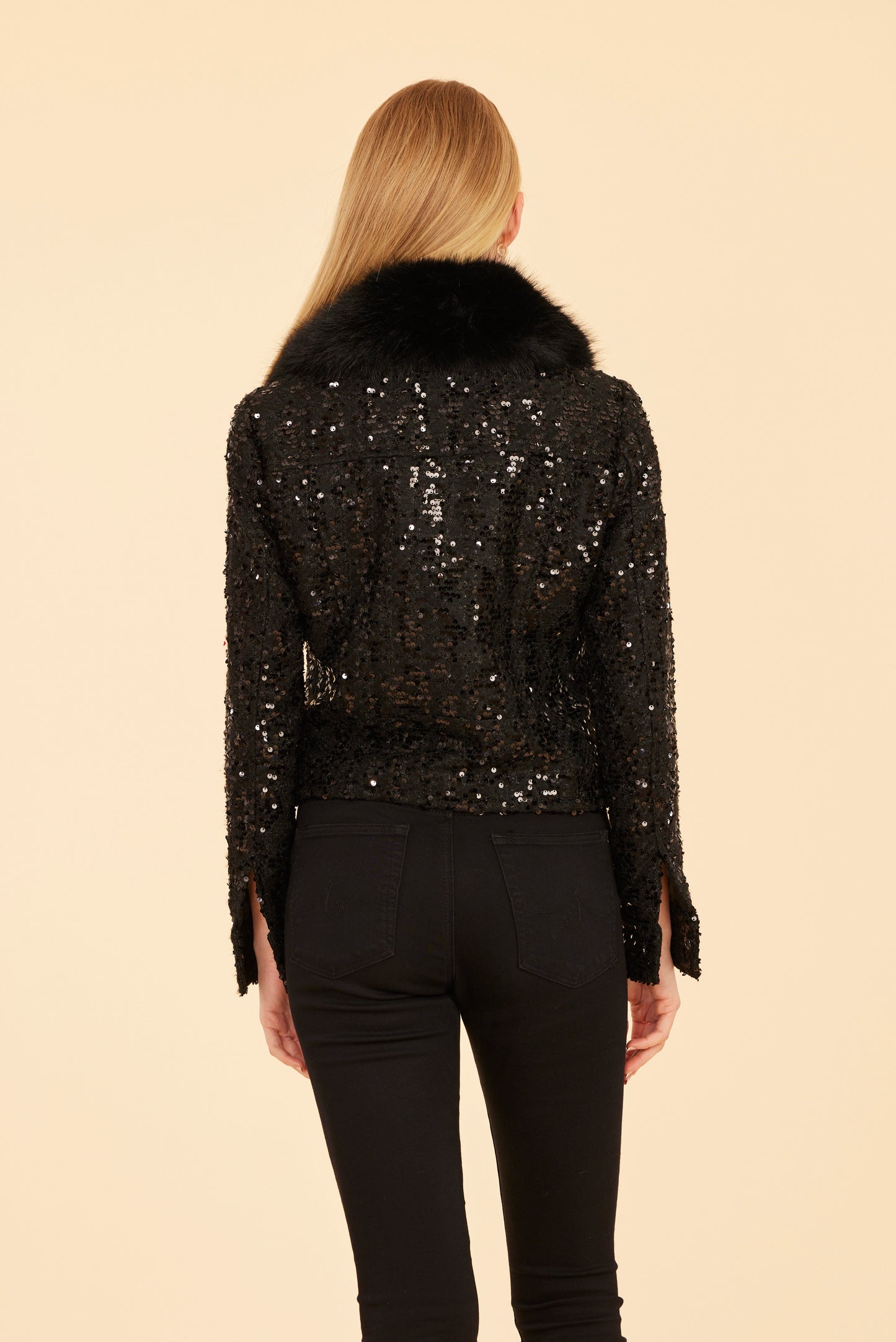 Faux Fur Trimmed Sequin Jacket