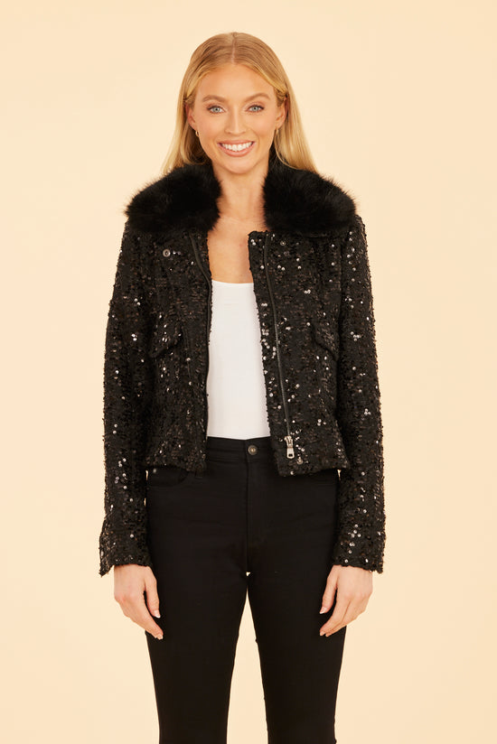 Faux Fur Trimmed Sequin Jacket