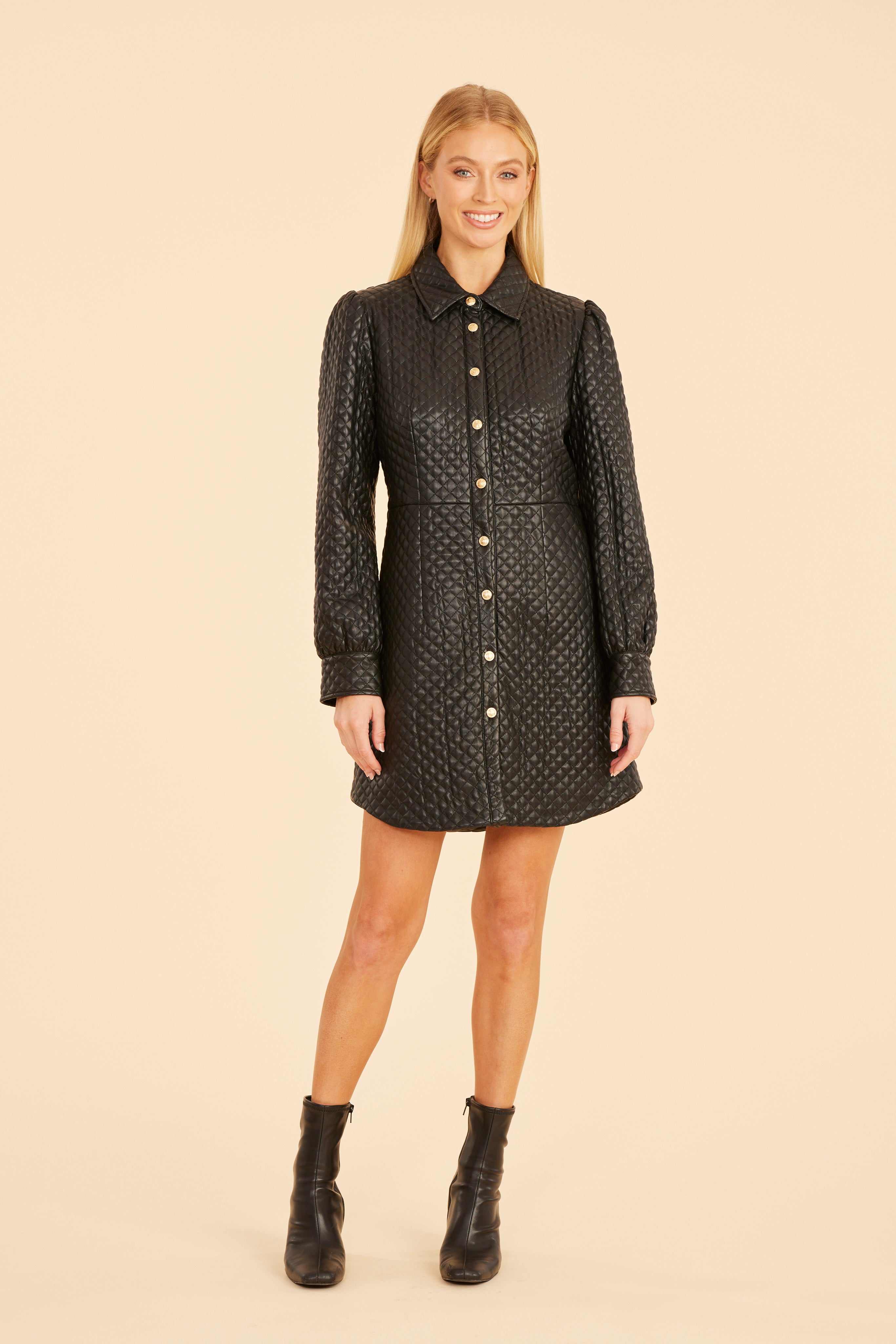 slim fit dress slacks Black Faux Leather Scallop Detail Short Ruffle Sleeve Dress main image 0