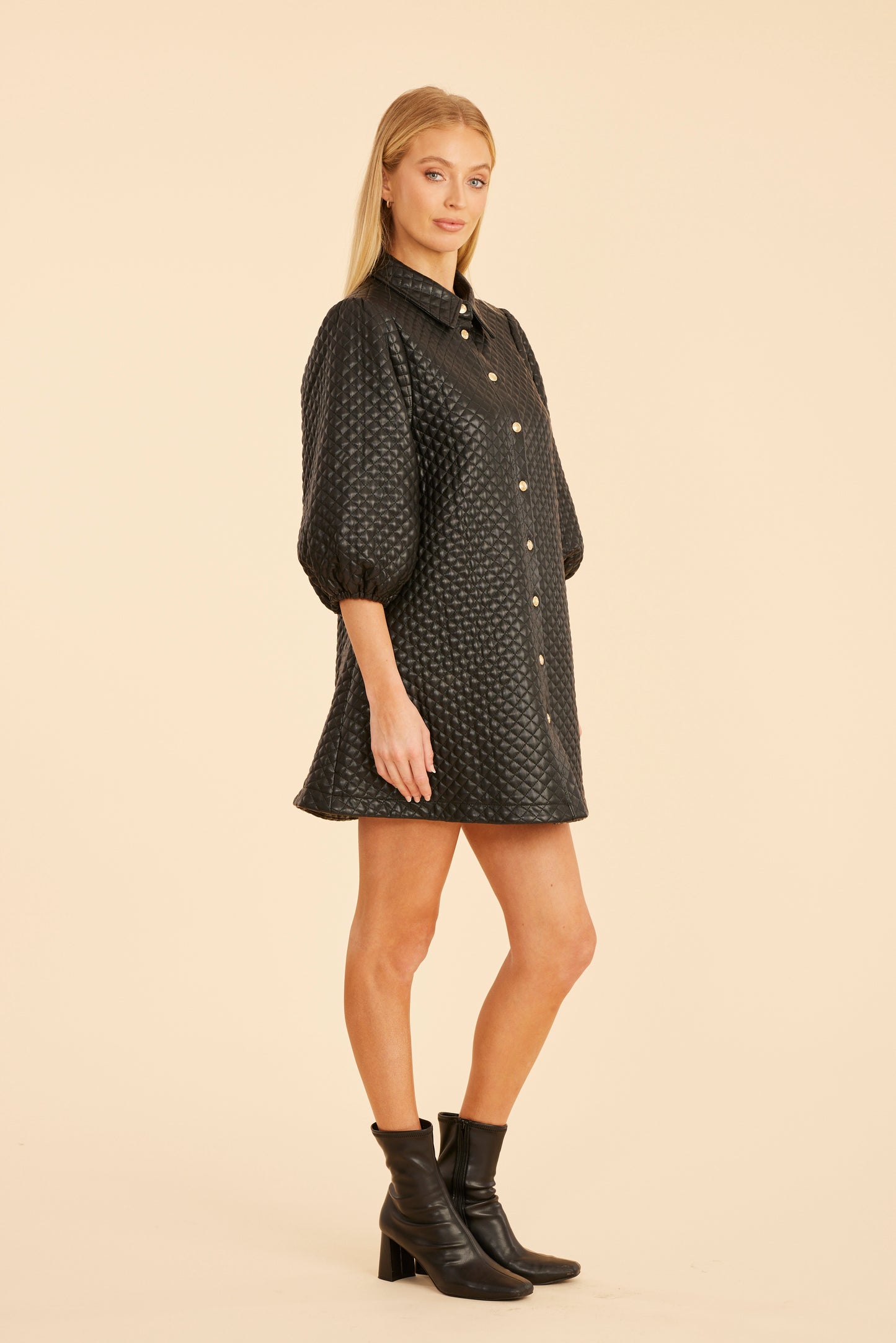 Quilted Faux Leather Puff Sleeve Dress