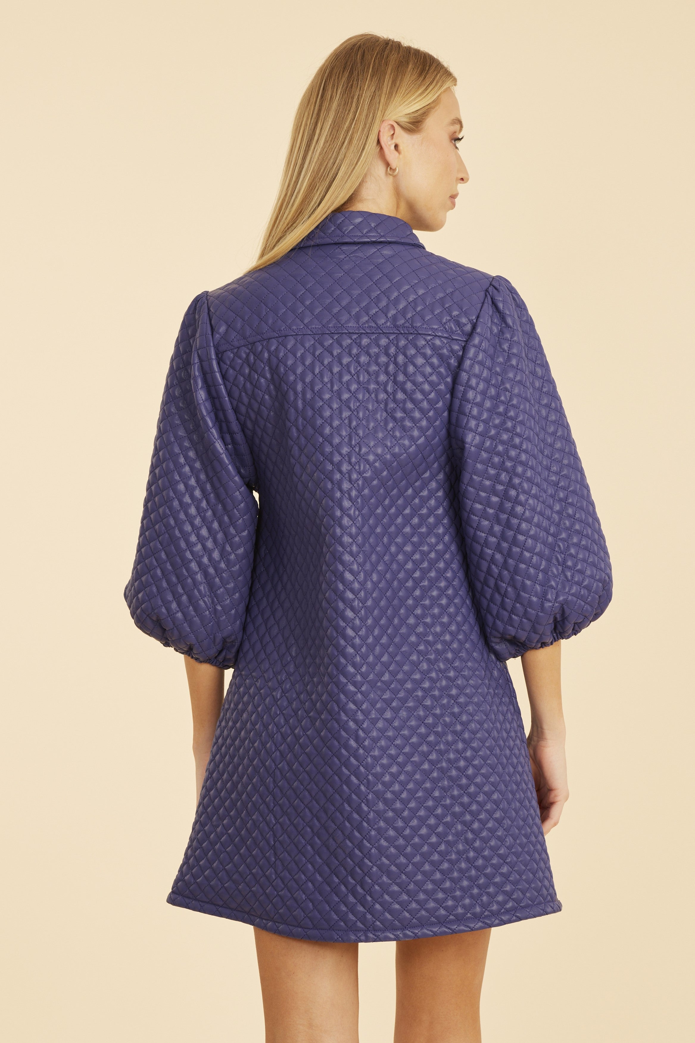 Quilted Faux Leather Puff Sleeve Dress Purple / XS Quilted Faux Leather Puff Sleeve Dress Purple / XS
