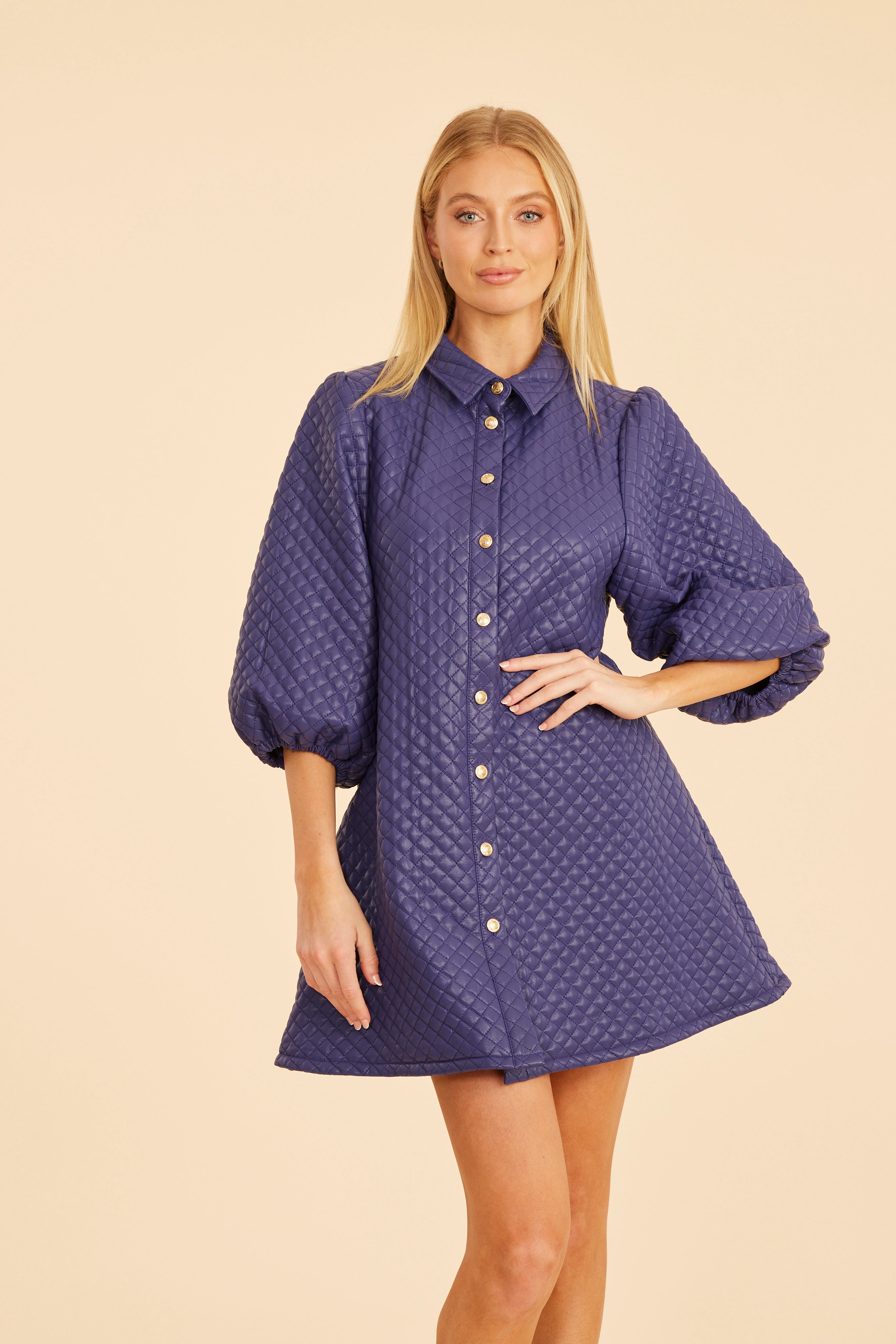 Quilted Faux Leather Puff Sleeve Dress Purple / XS Quilted Faux Leather Puff Sleeve Dress Purple / XS