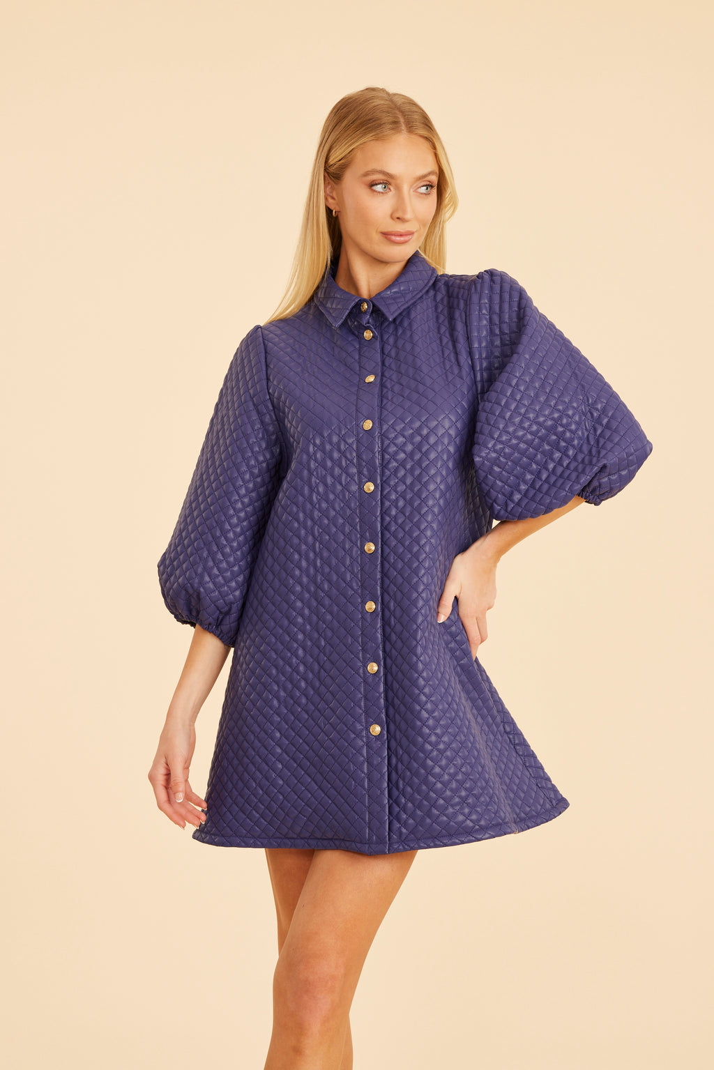 Quilted Faux Leather Puff Sleeve Dress Purple / XS Quilted Faux Leather Puff Sleeve Dress Purple / XS