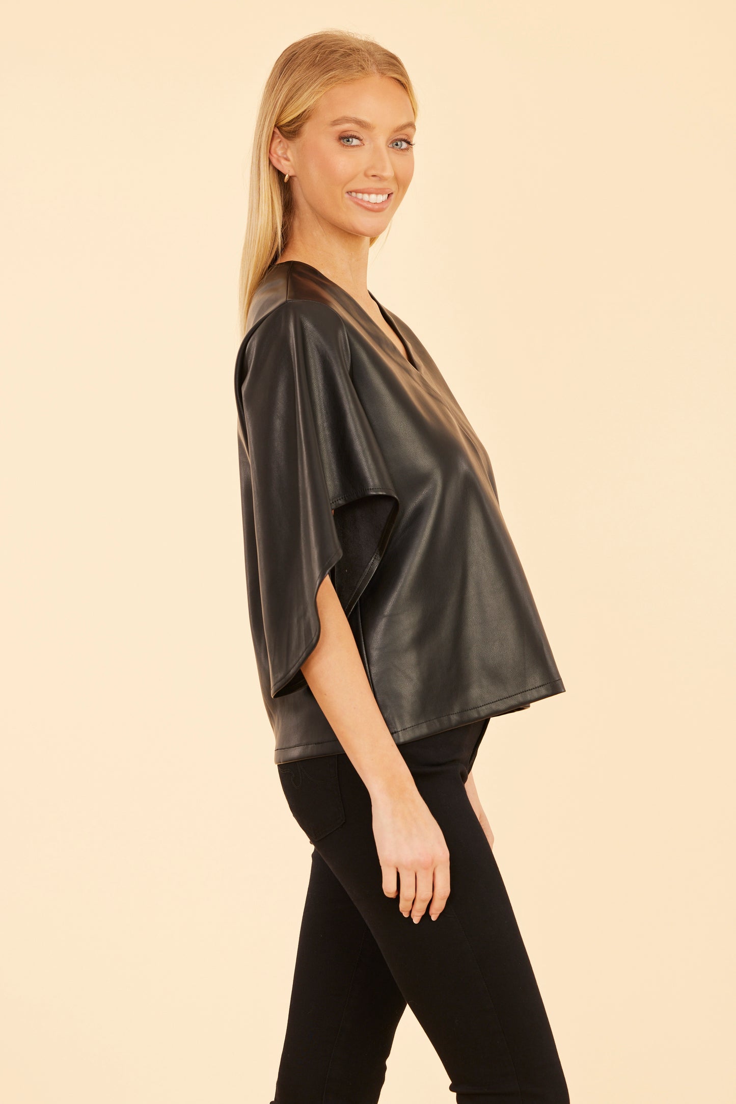 Faux Leather Cascade Sleeve Top