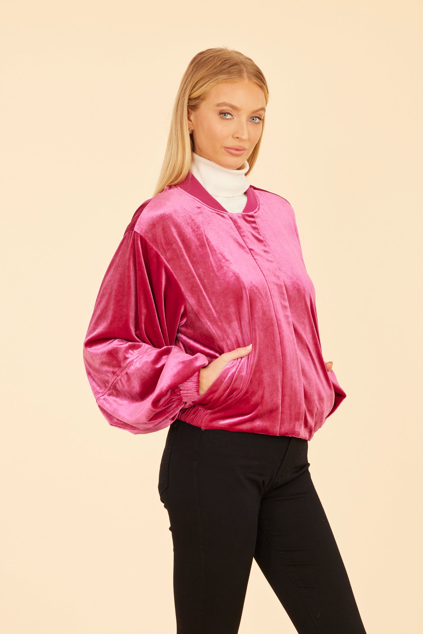 Velvet Exagerrated Sleeve Zip Jacket