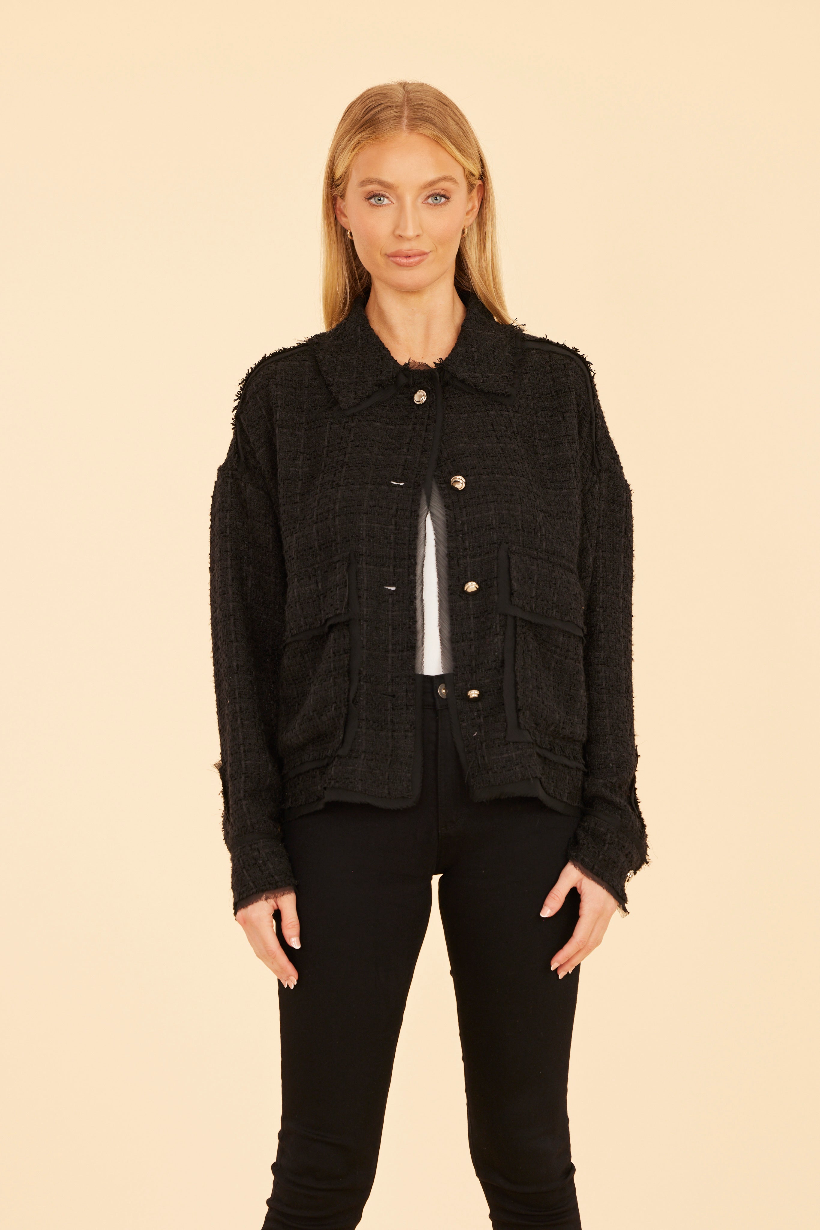 Black Tweed & Chiffon Jacket – Dolce Cabo