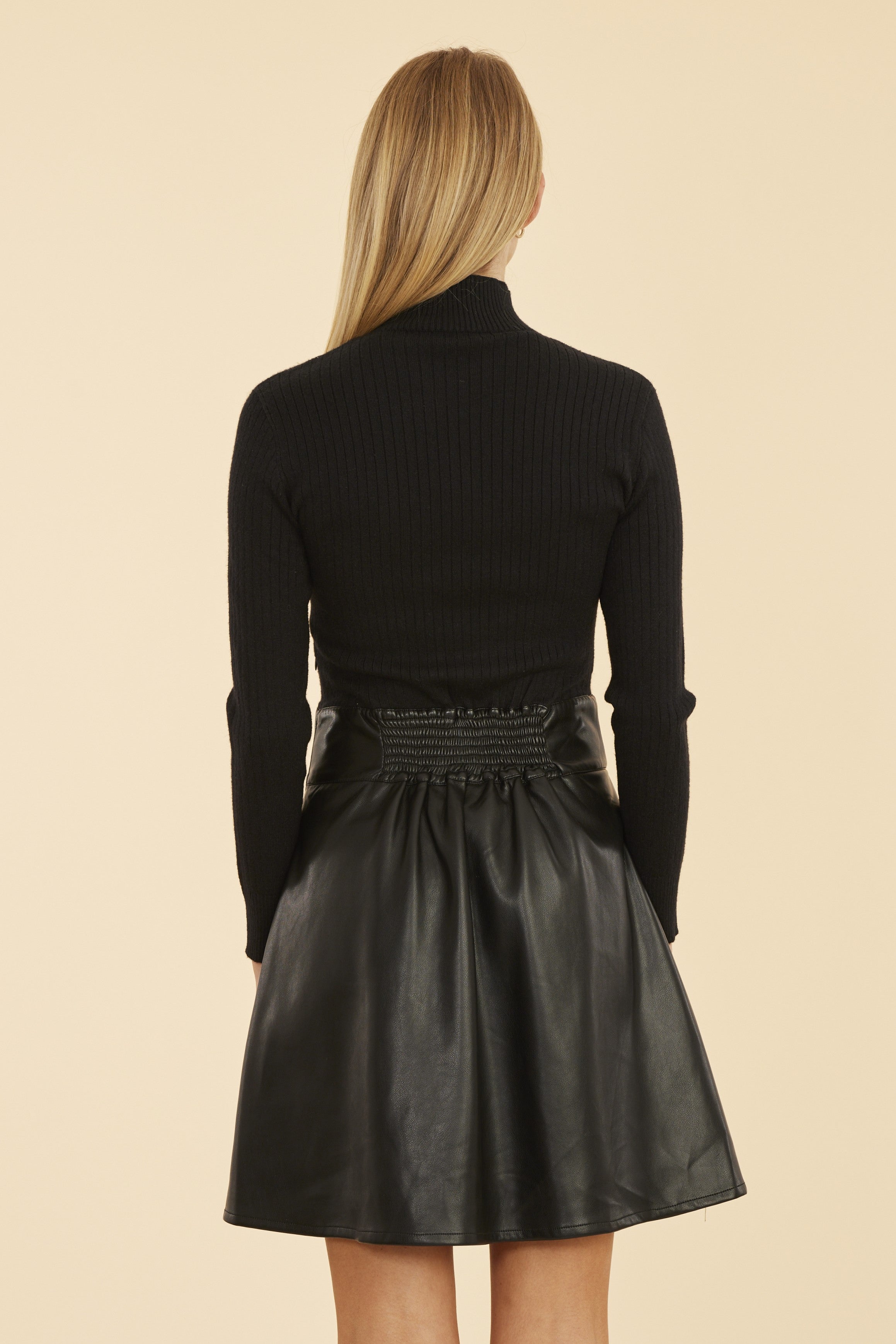 Faux Leather & Knit Turtleneck Dress Burgundy / L