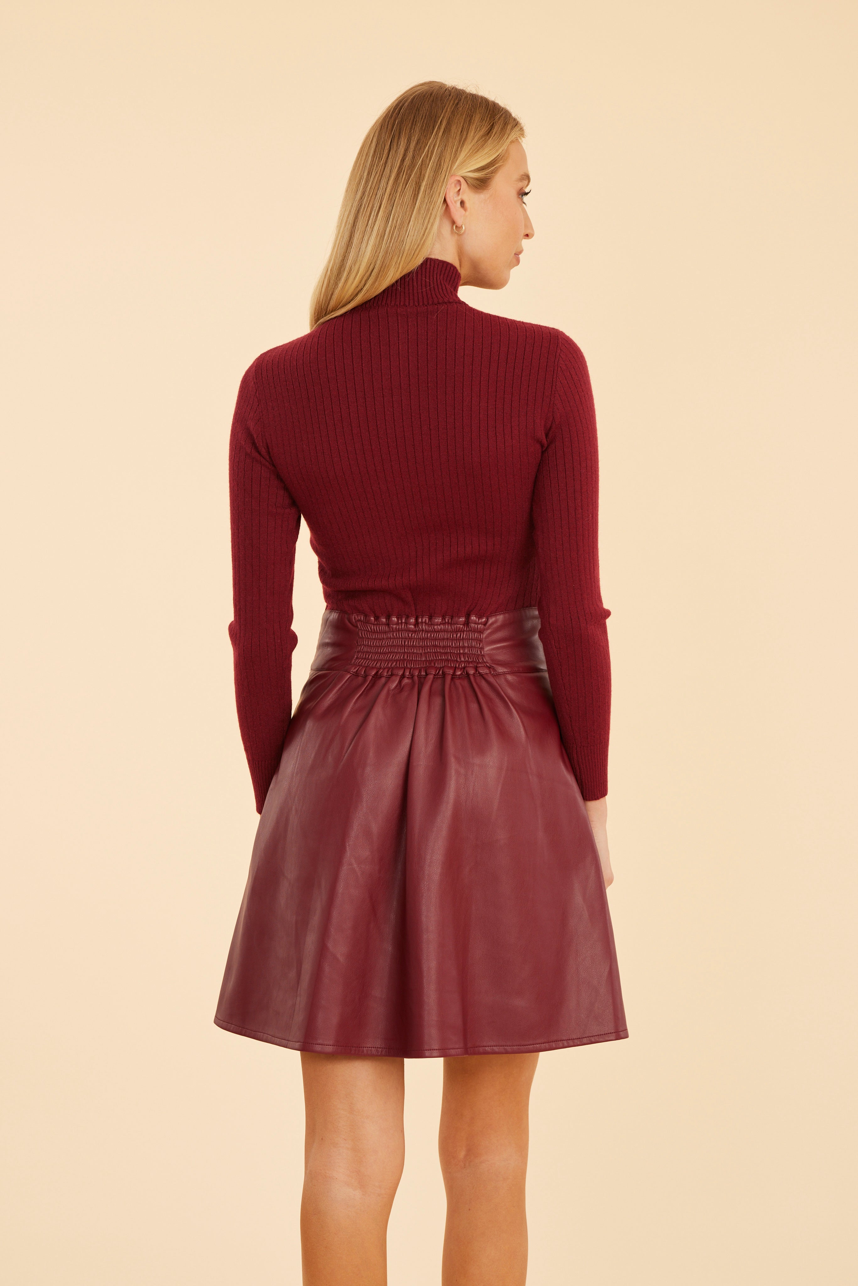 chinese dress ladies Faux Leather & Knit Turtleneck Dress Burgundy / L