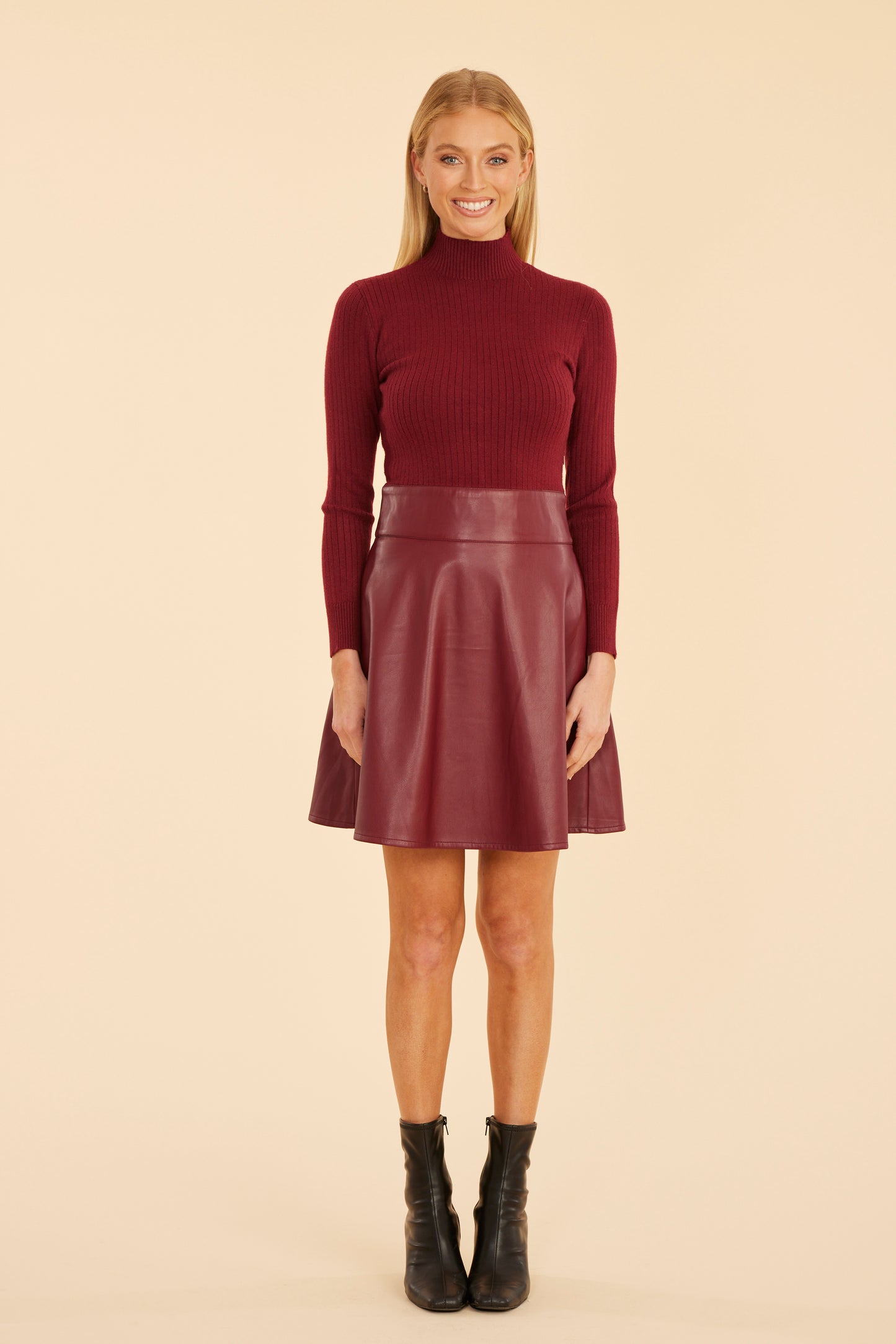 Faux Leather & Knit Turtleneck Dress