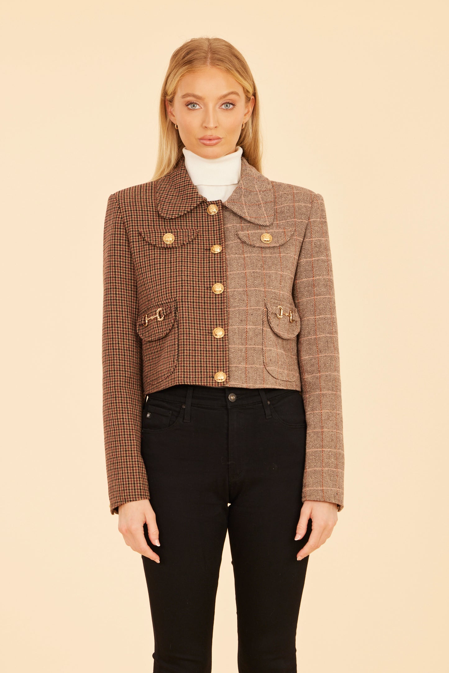 Multi Plaid Tweed Cropped Jacket with Horse Bit Detail