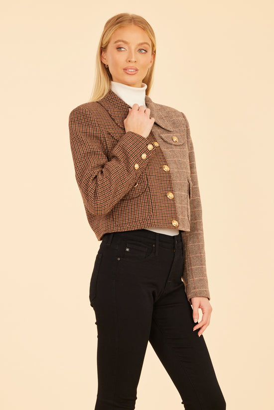 Multi Plaid Tweed Cropped Jacket with Horse Bit Detail