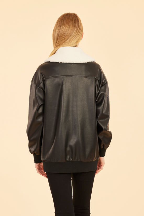 Faux Leather Long Bomber Jacket with Shearling Collar