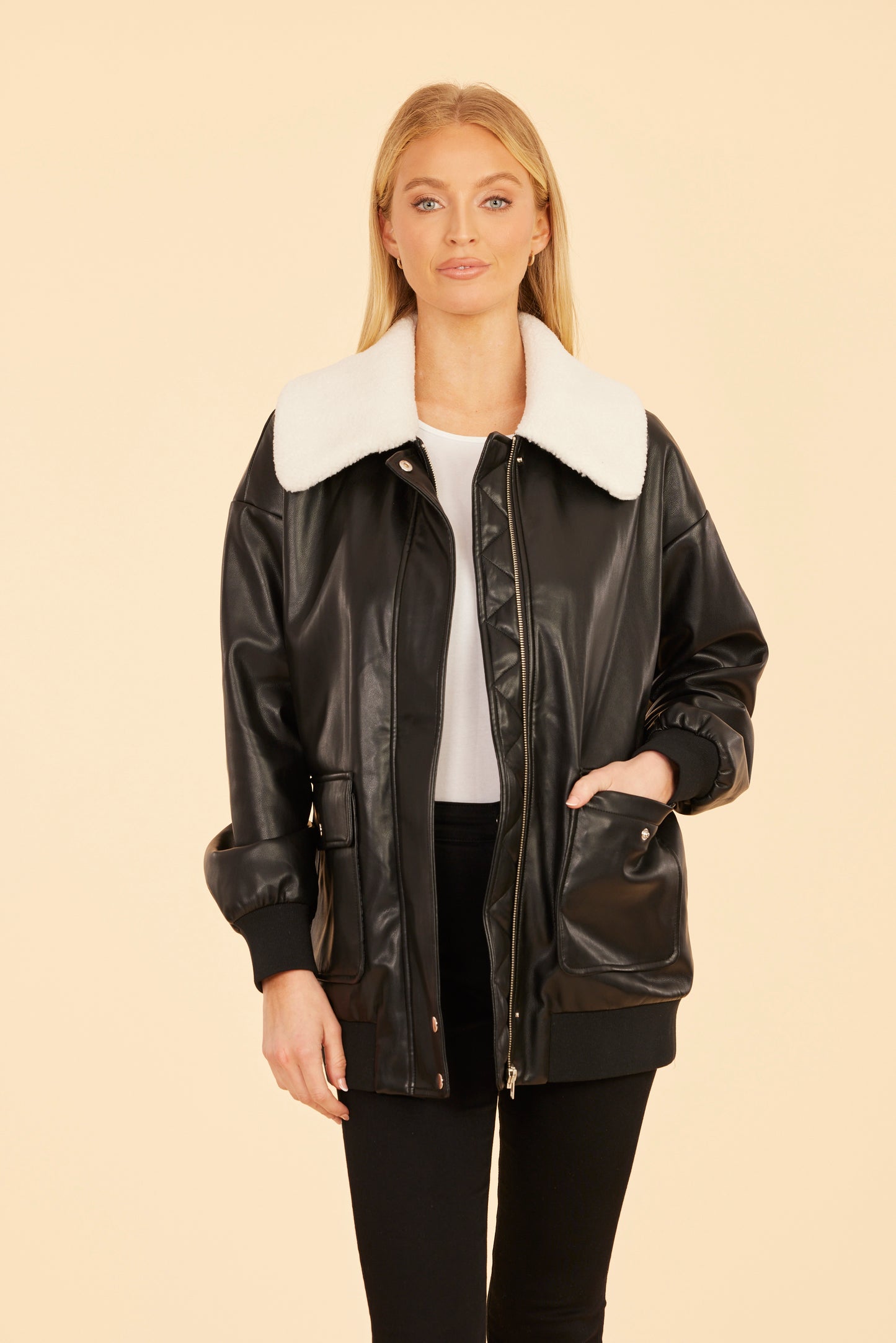 Faux Leather Long Bomber Jacket with Shearling Collar