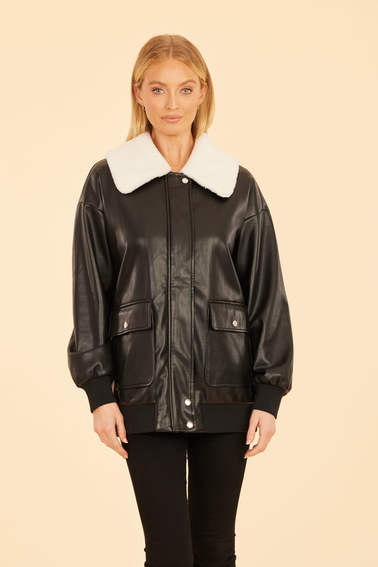 Faux Leather Long Bomber Jacket with Shearling Collar