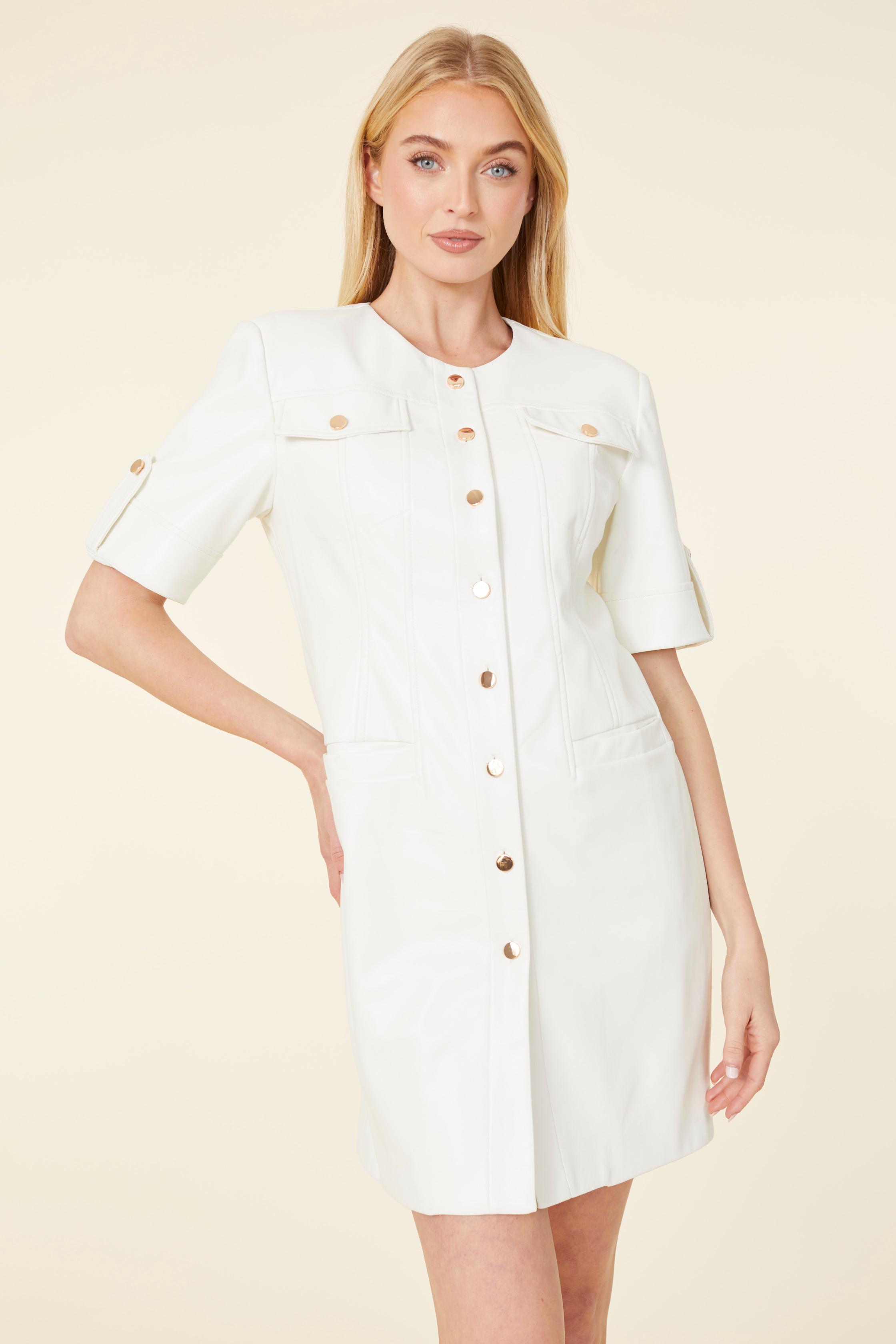 Vegan Leather Short Sleeve Dress Blue Bird / S Vegan Leather Short Sleeve Dress Blue Bird / S