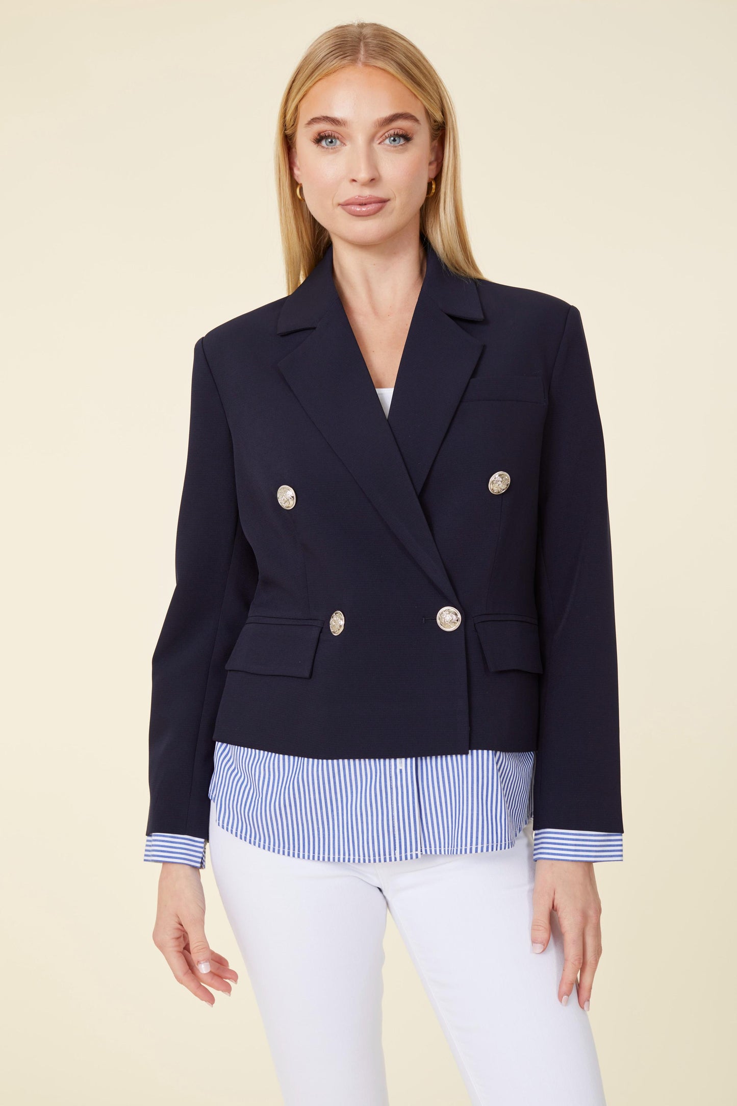 Double Breasted Blazer With Attached Stripe Shirt Cuff Sand Tails