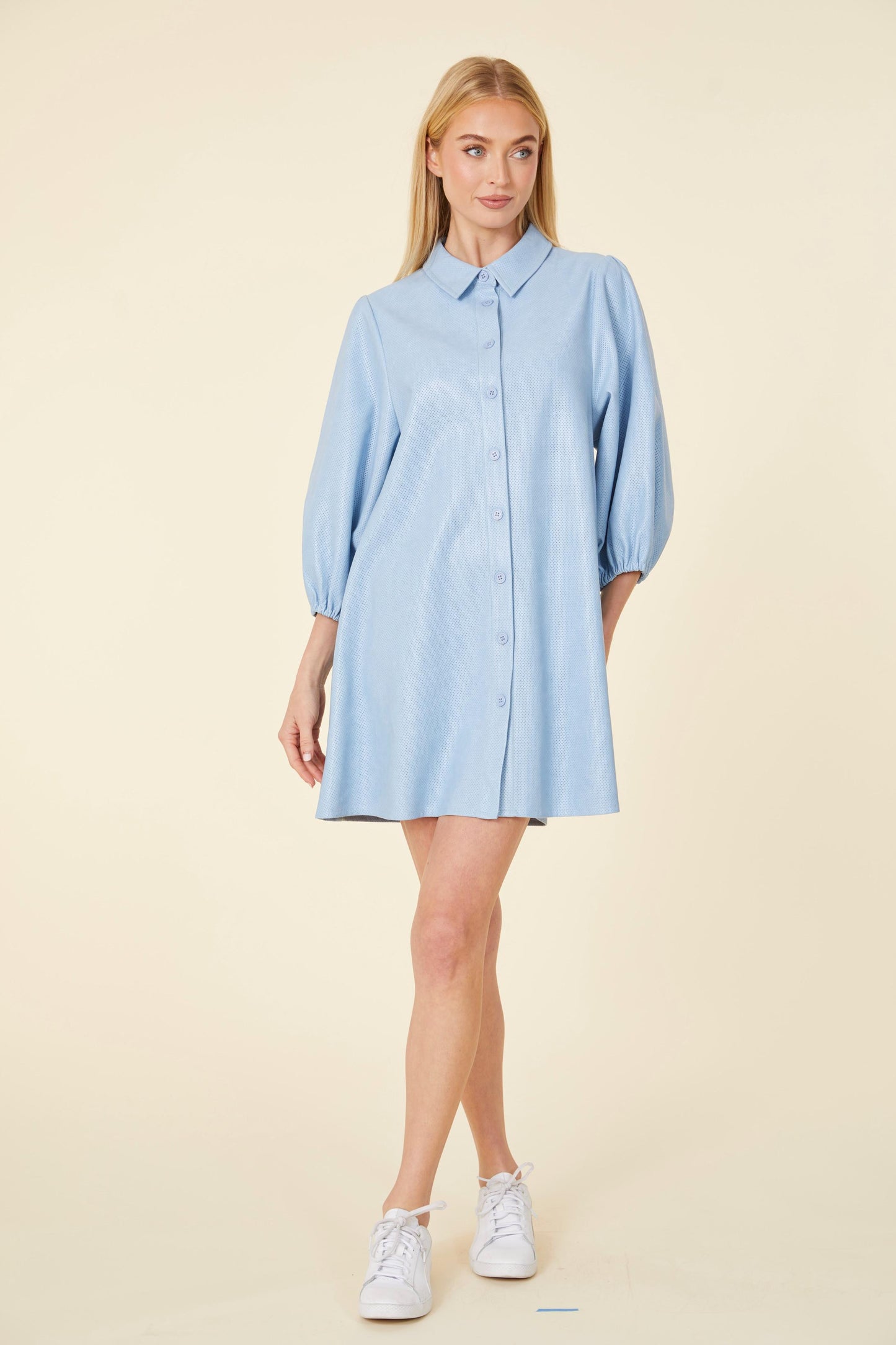 Perforated Vegan Leather Puff Sleeve/ Tunic Dress