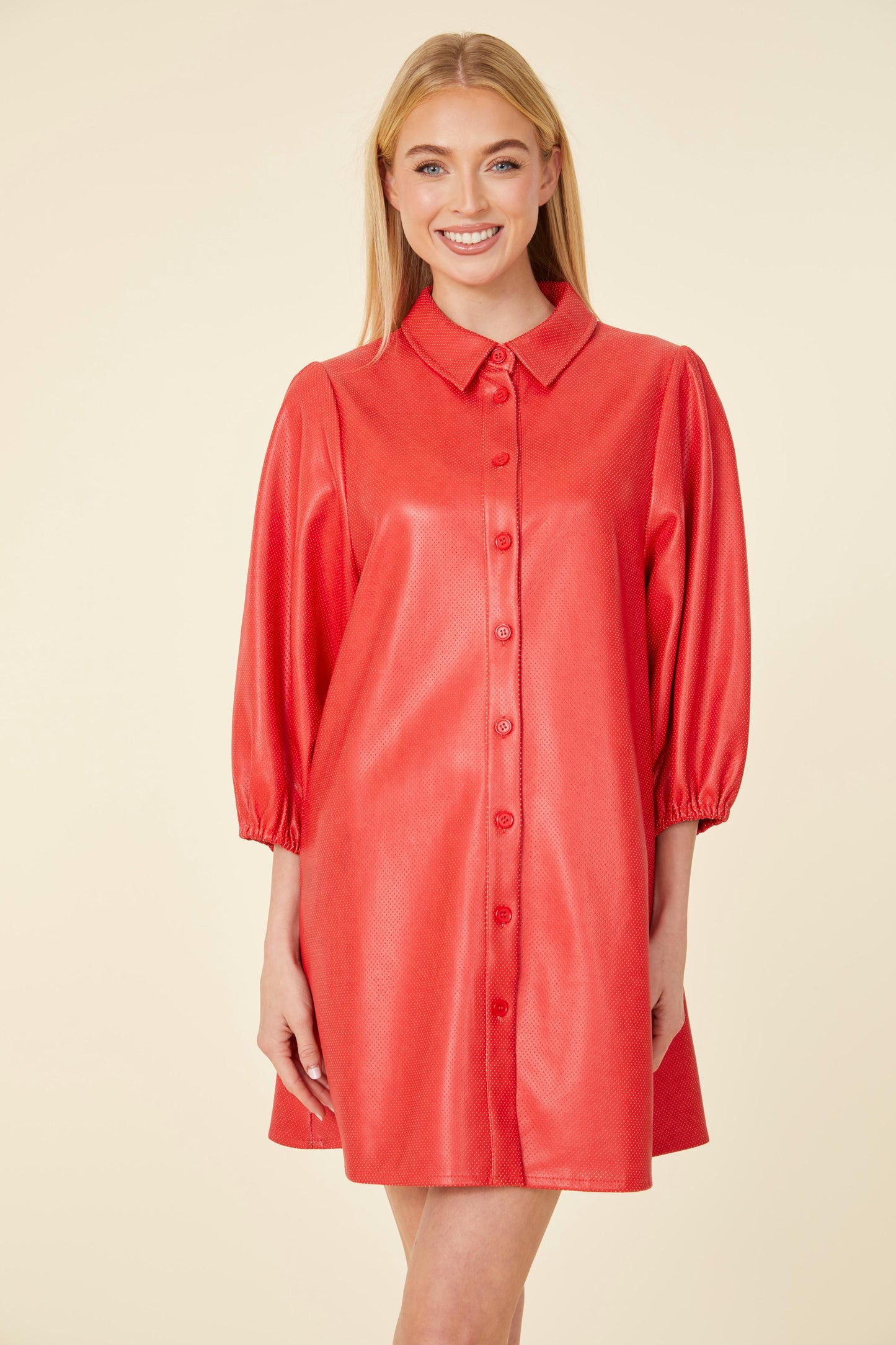 Perforated Vegan Leather Puff Sleeve/ Tunic Dress