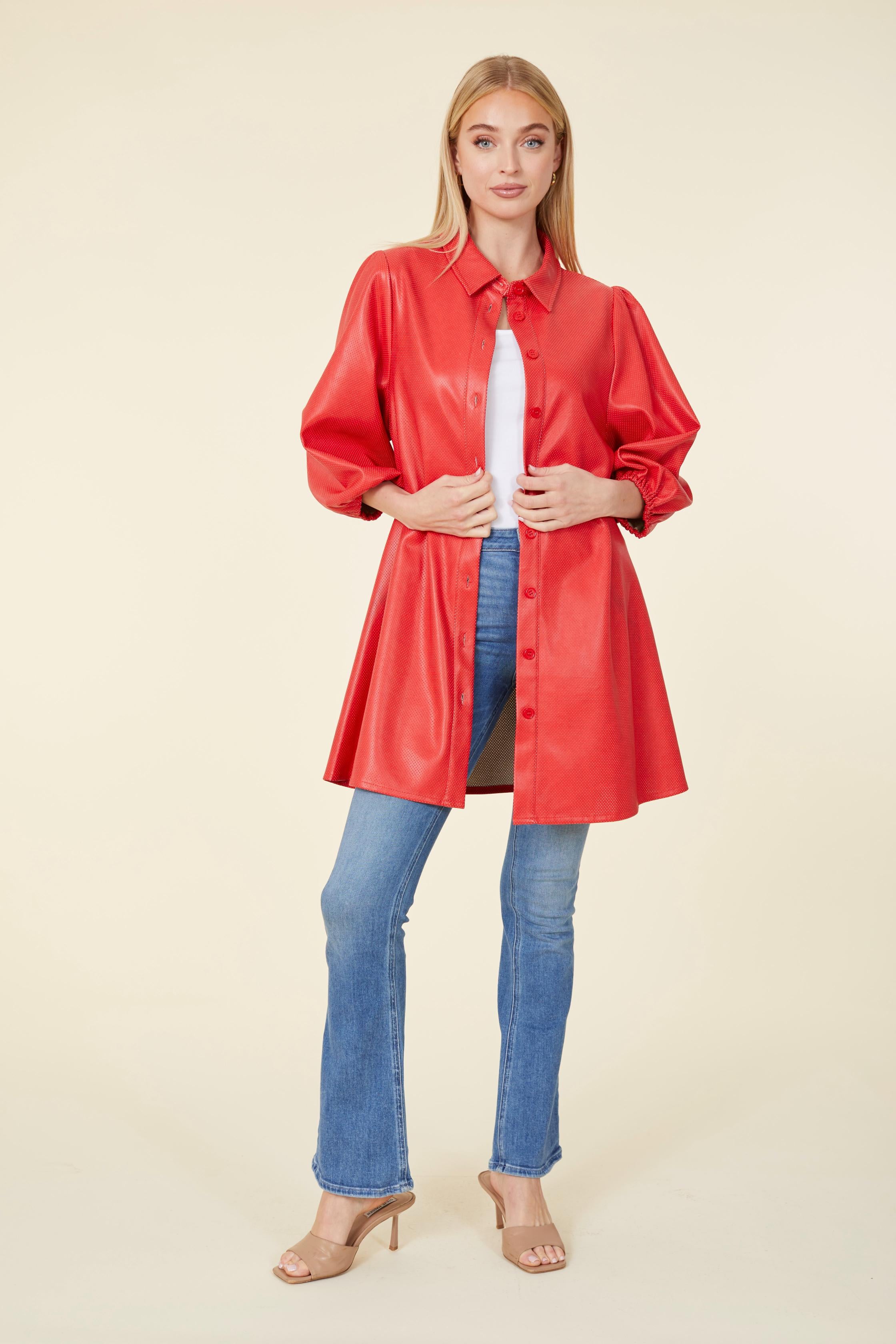 Perforated Vegan Leather Puff Sleeve/ Tunic Dress Orchid / S