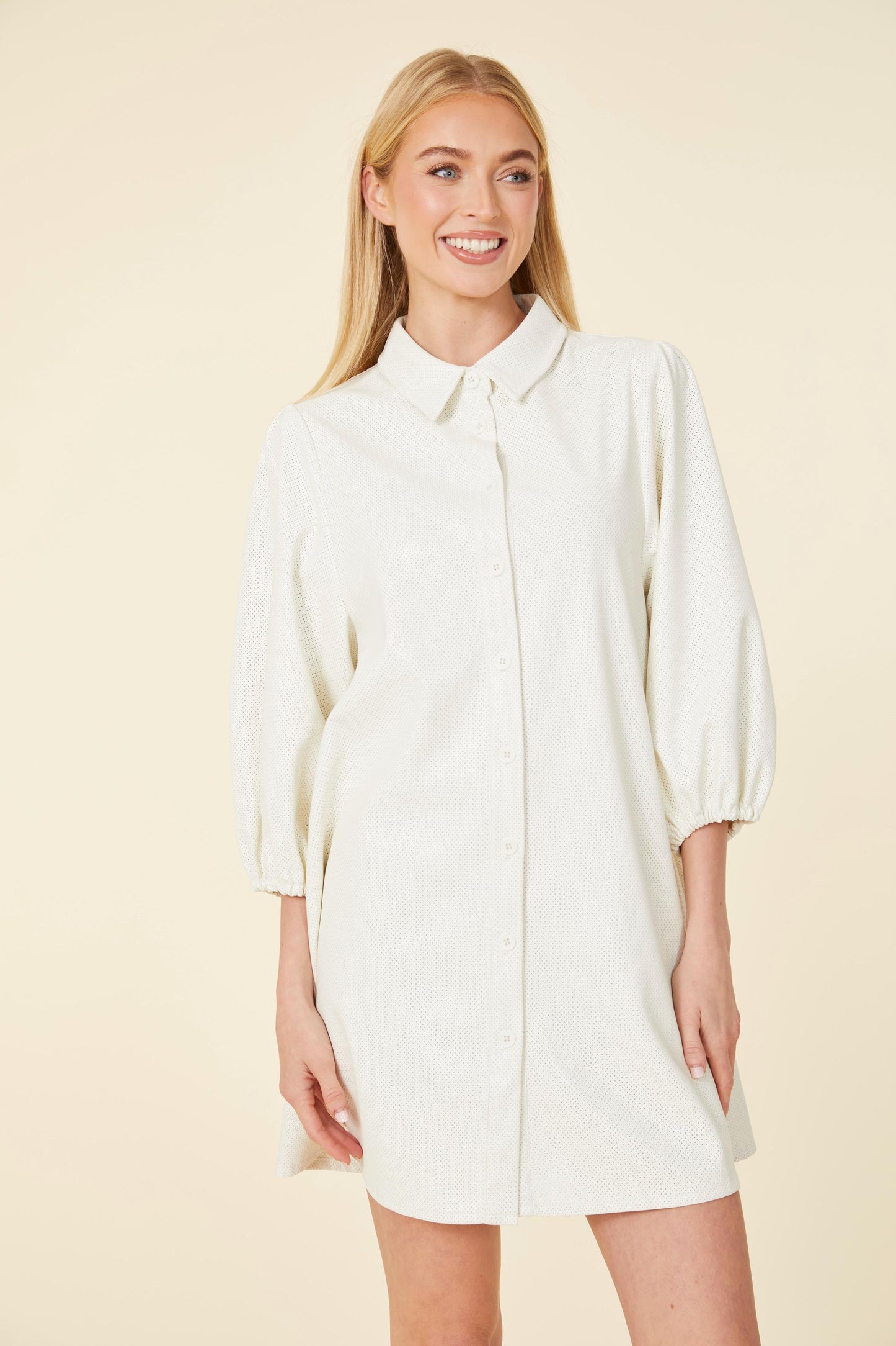 Perforated Vegan Leather Puff Sleeve/ Tunic Dress