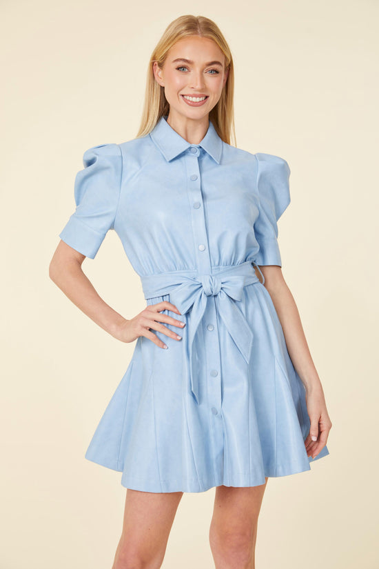 Vegan Leather Puff Sleeve Belted Skate Dress