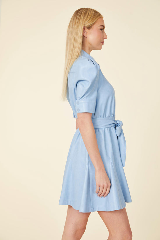 Vegan Leather Puff Sleeve Belted Skate Dress