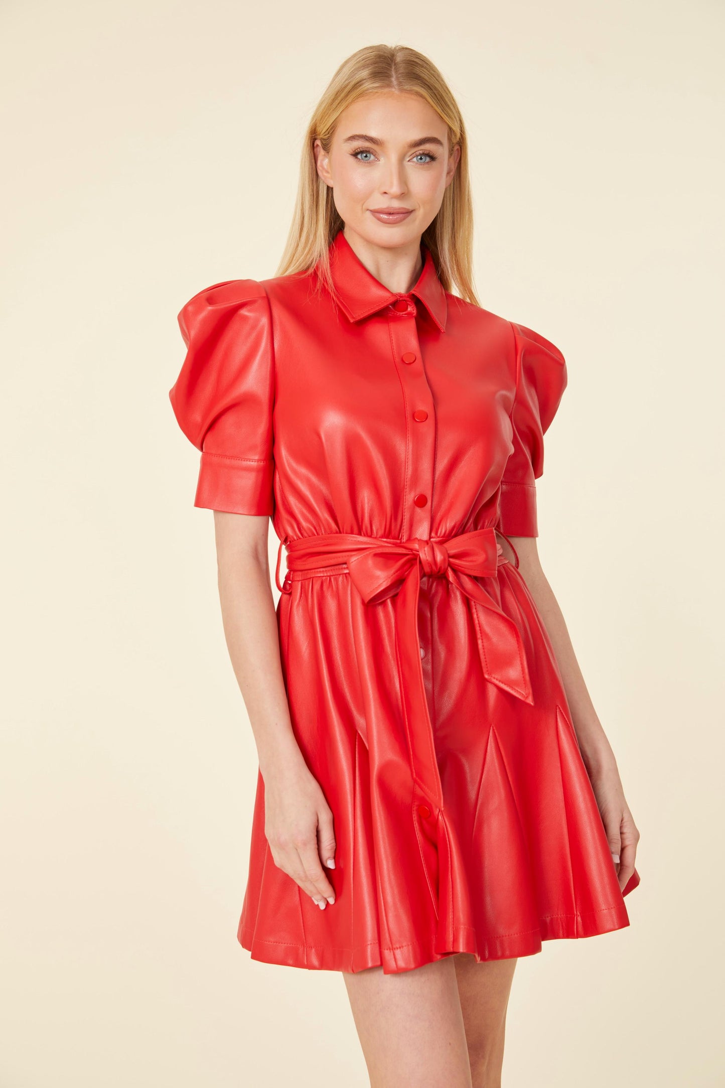 Vegan Leather Puff Sleeve Belted Skate Dress