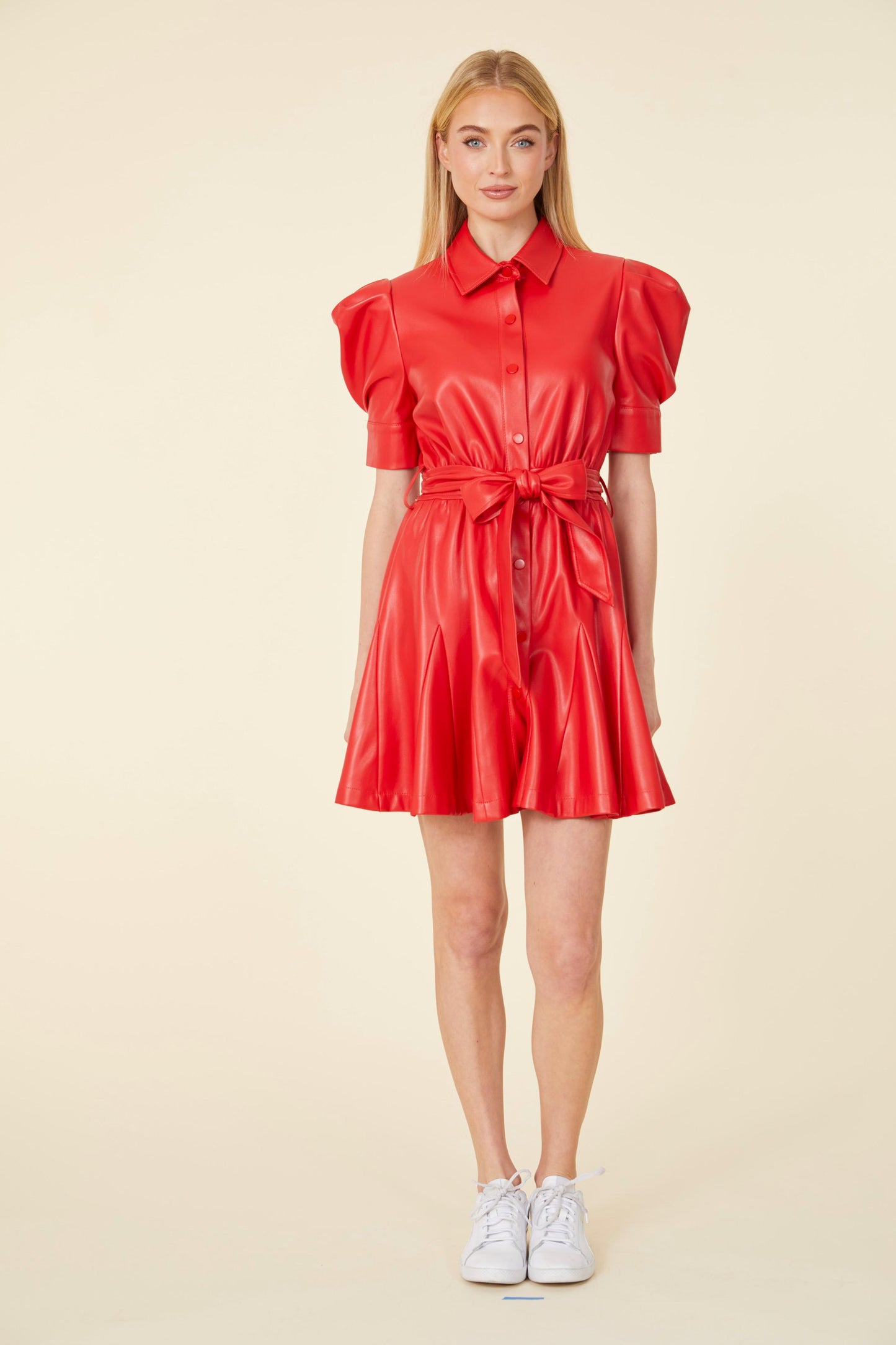 Vegan Leather Puff Sleeve Belted Skate Dress