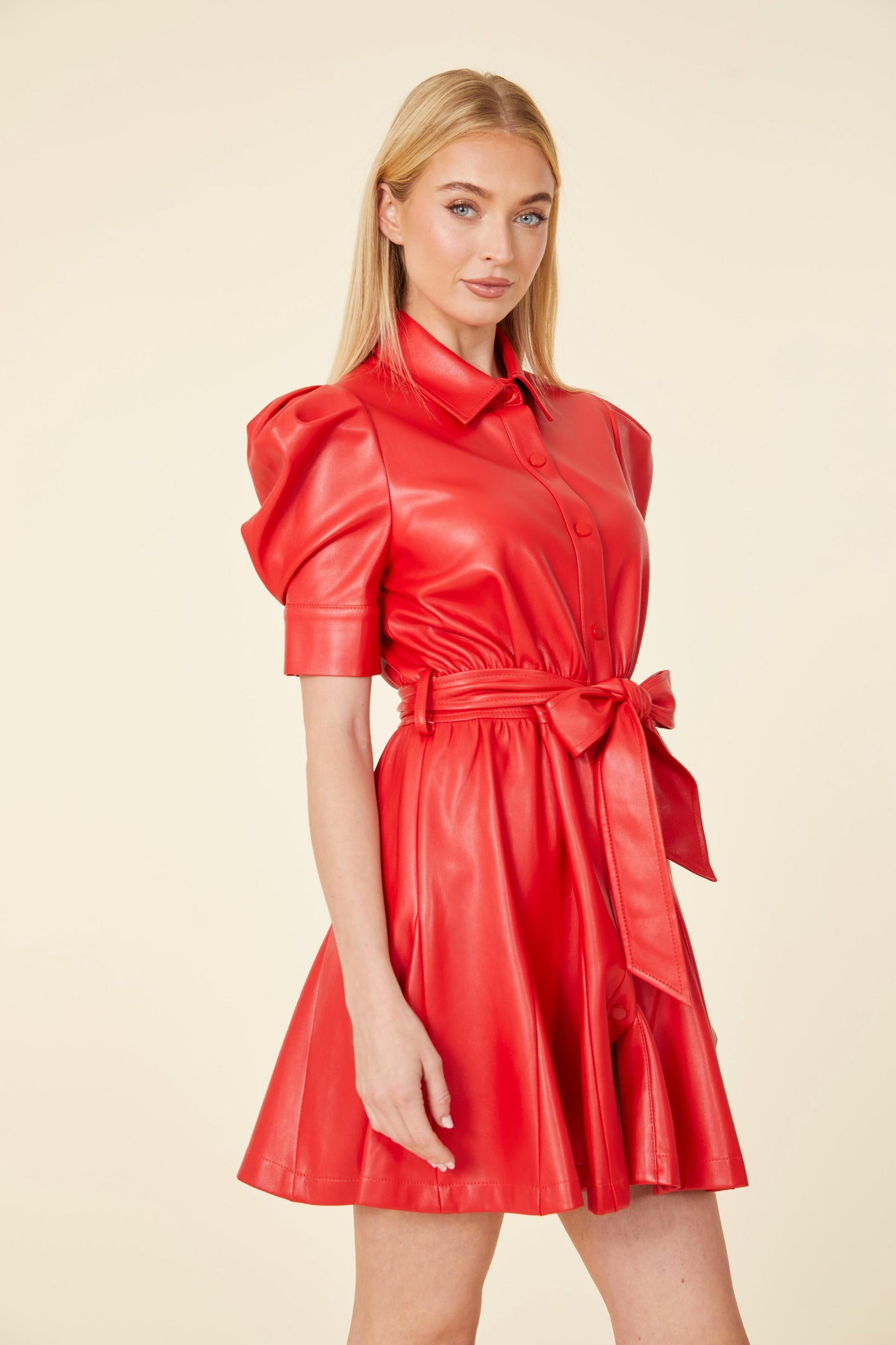 Vegan Leather Puff Sleeve Belted Skate Dress