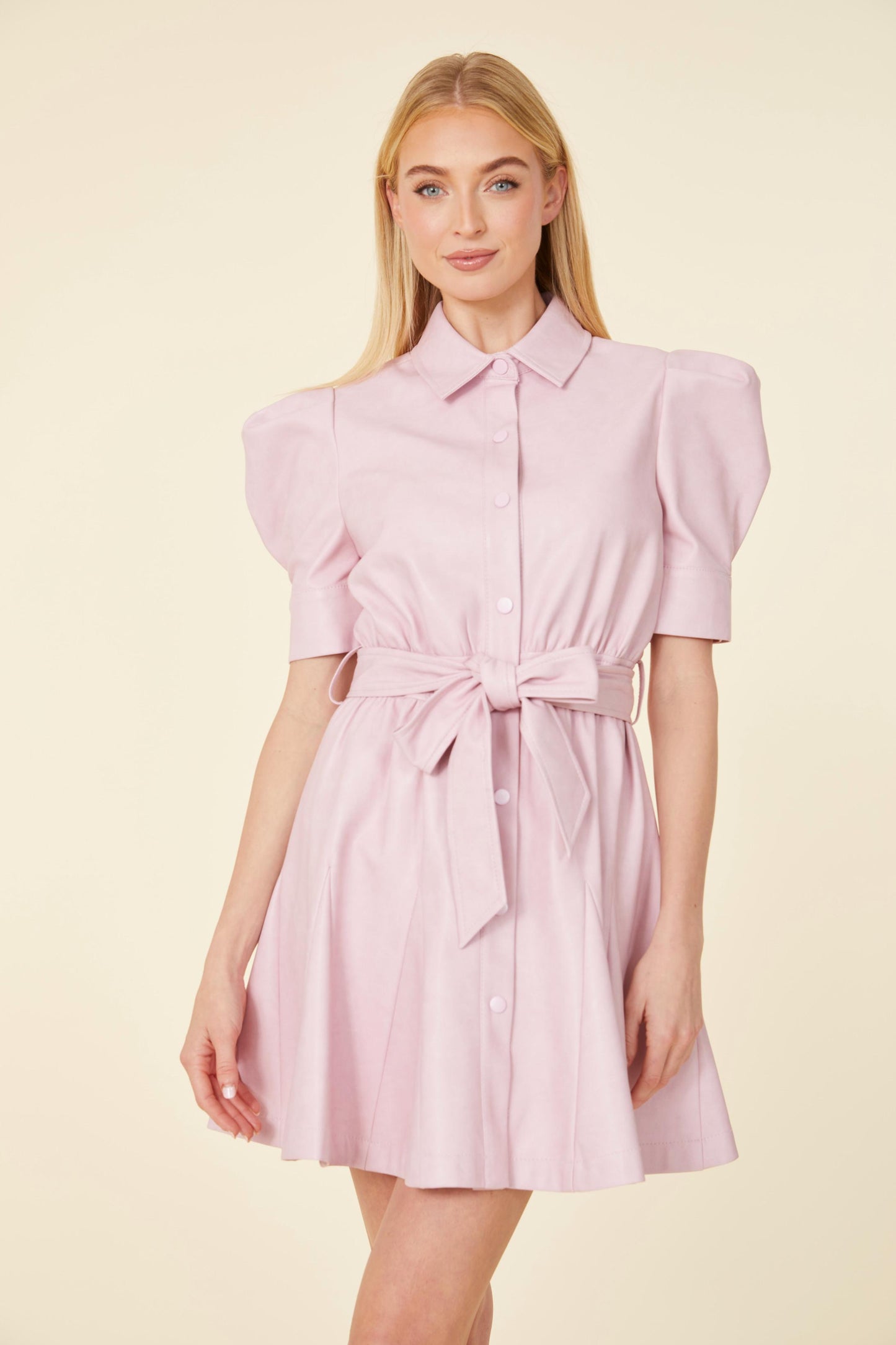 Vegan Leather Puff Sleeve Belted Skate Dress