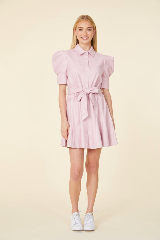 Vegan Leather Puff Sleeve Belted Skate Dress