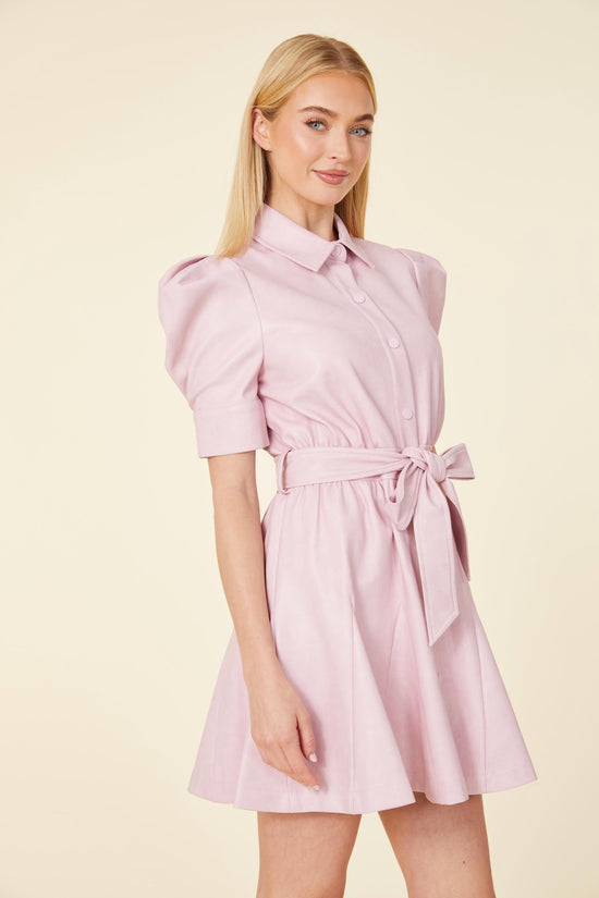 Vegan Leather Puff Sleeve Belted Skate Dress