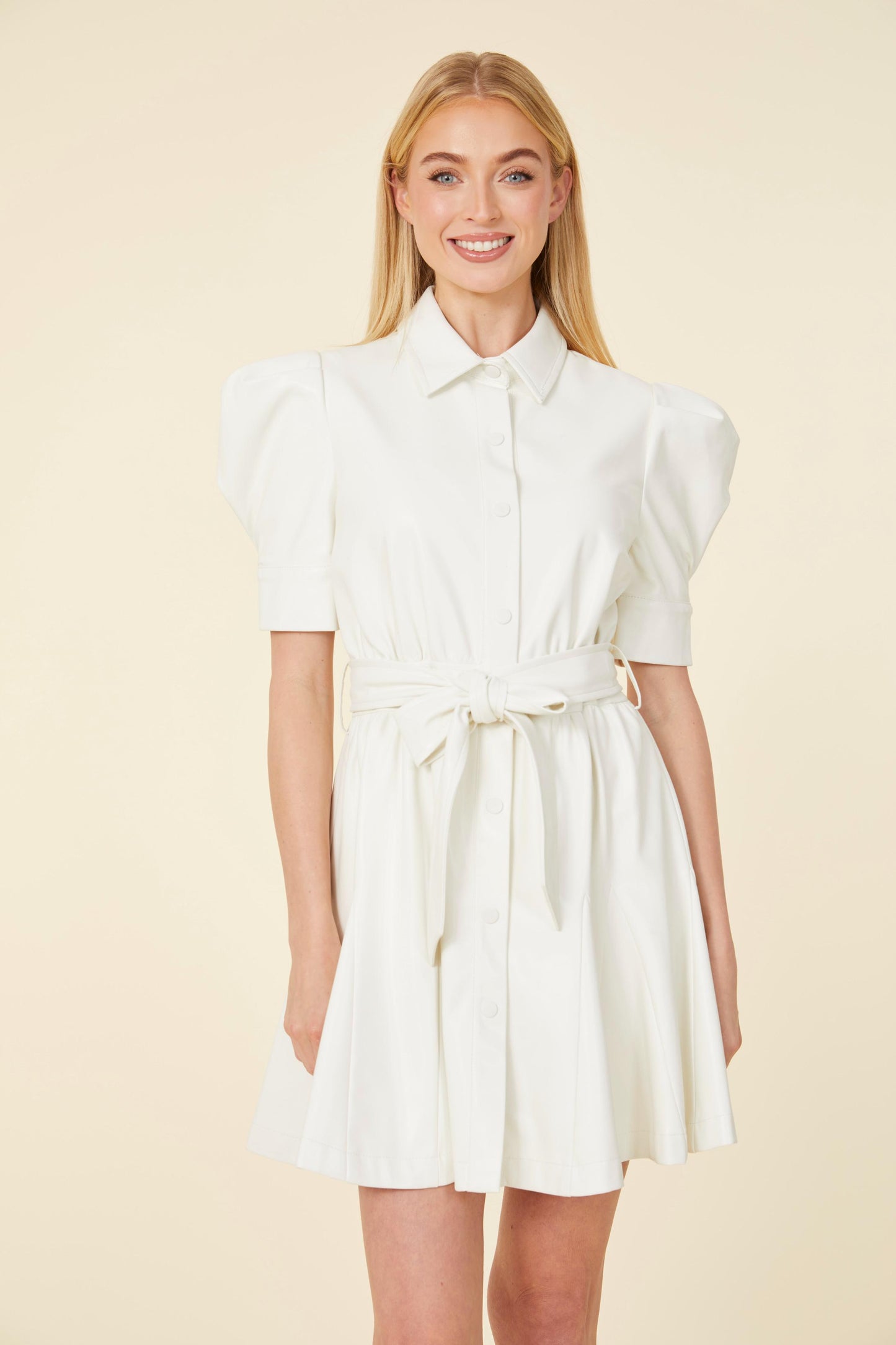 Vegan Leather Puff Sleeve Belted Skate Dress