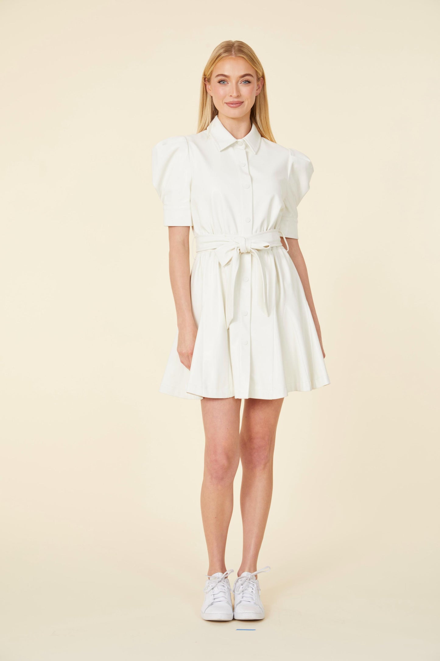 Vegan Leather Puff Sleeve Belted Skate Dress