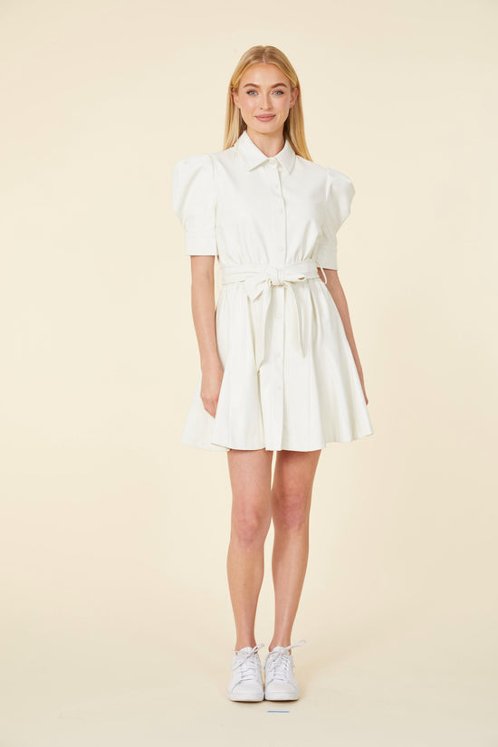 Vegan Leather Puff Sleeve Belted Skate Dress