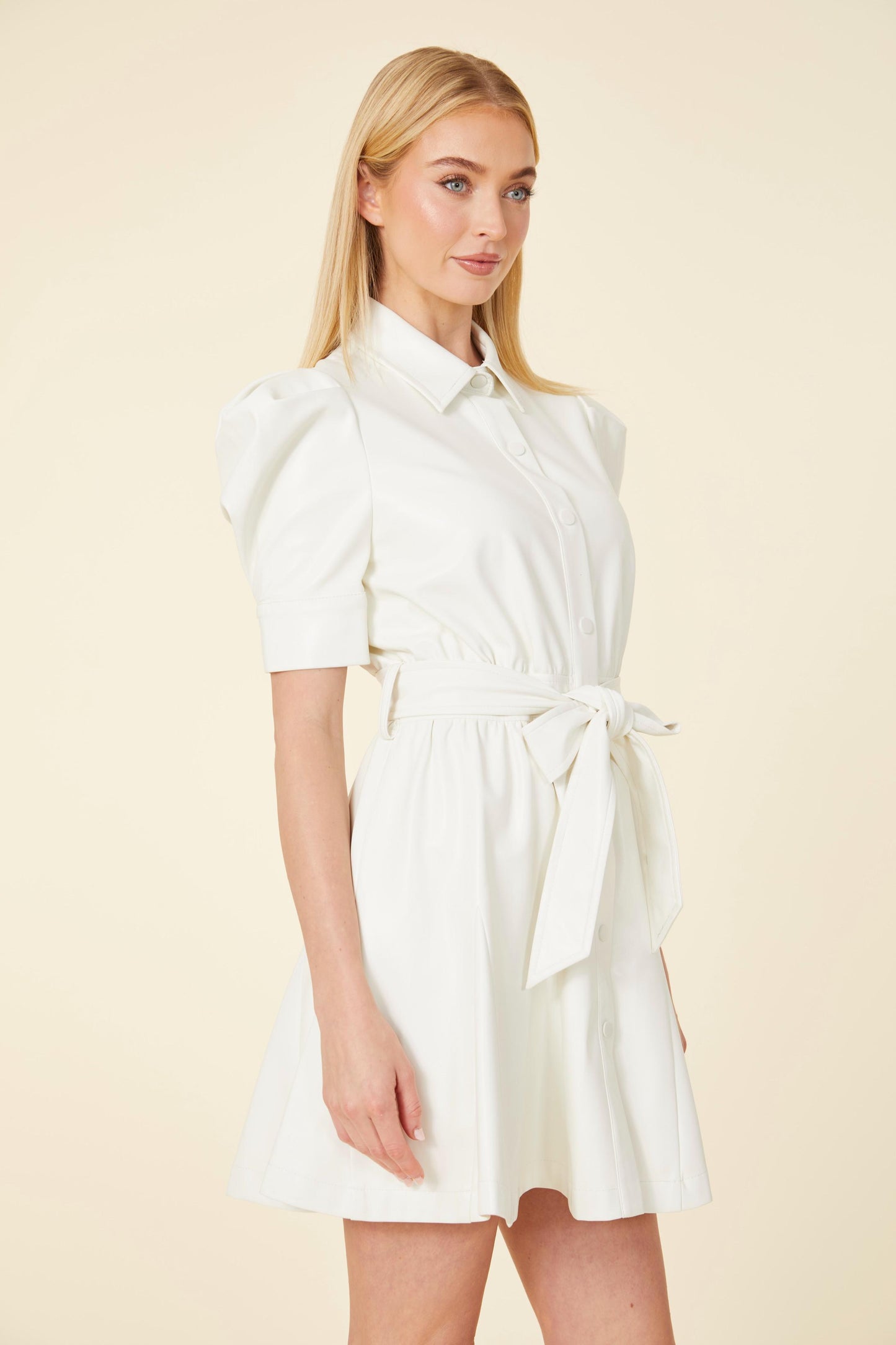 Vegan Leather Puff Sleeve Belted Skate Dress